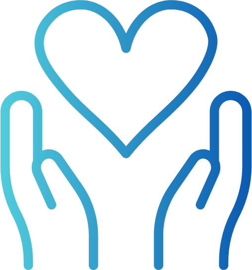 A blue icon of a person with a heart inside, holding a heart in their hands, symbolizing caring or health.