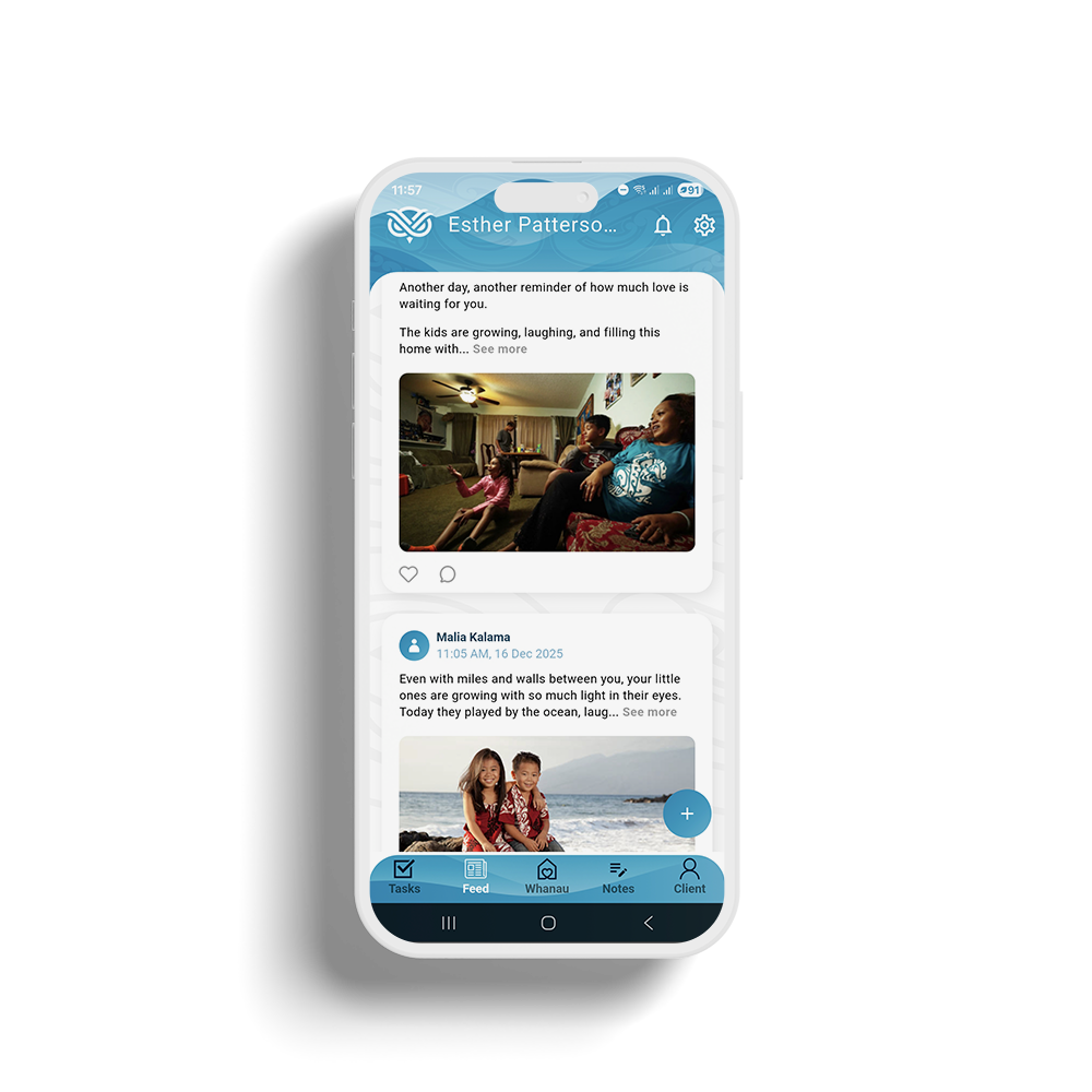 Smartphone screen displaying a social media app with posts featuring family photos and updates, blue navigation bar at the bottom with icons for Tasks, Feed, Whānau, Notes, and Client.