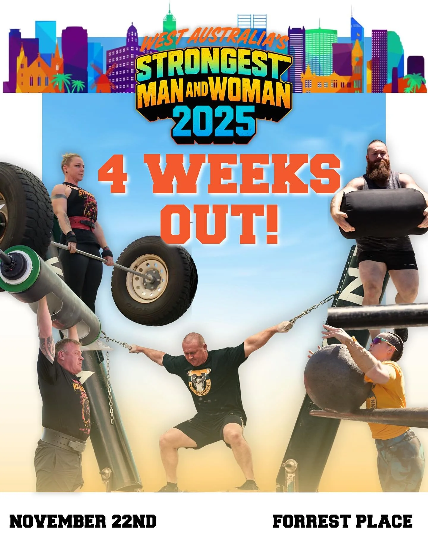 🔥 THE COUNTDOWN IS ON!!! 4 WEEKS TO GO! 🔥
The BIGGEST strength show in WA returns to the heart of Perth 🏙️
This is the arena where legends are made, titles are earned, and the strongest in the state rise to the top 💪
🏆 WA’s Strongest Man