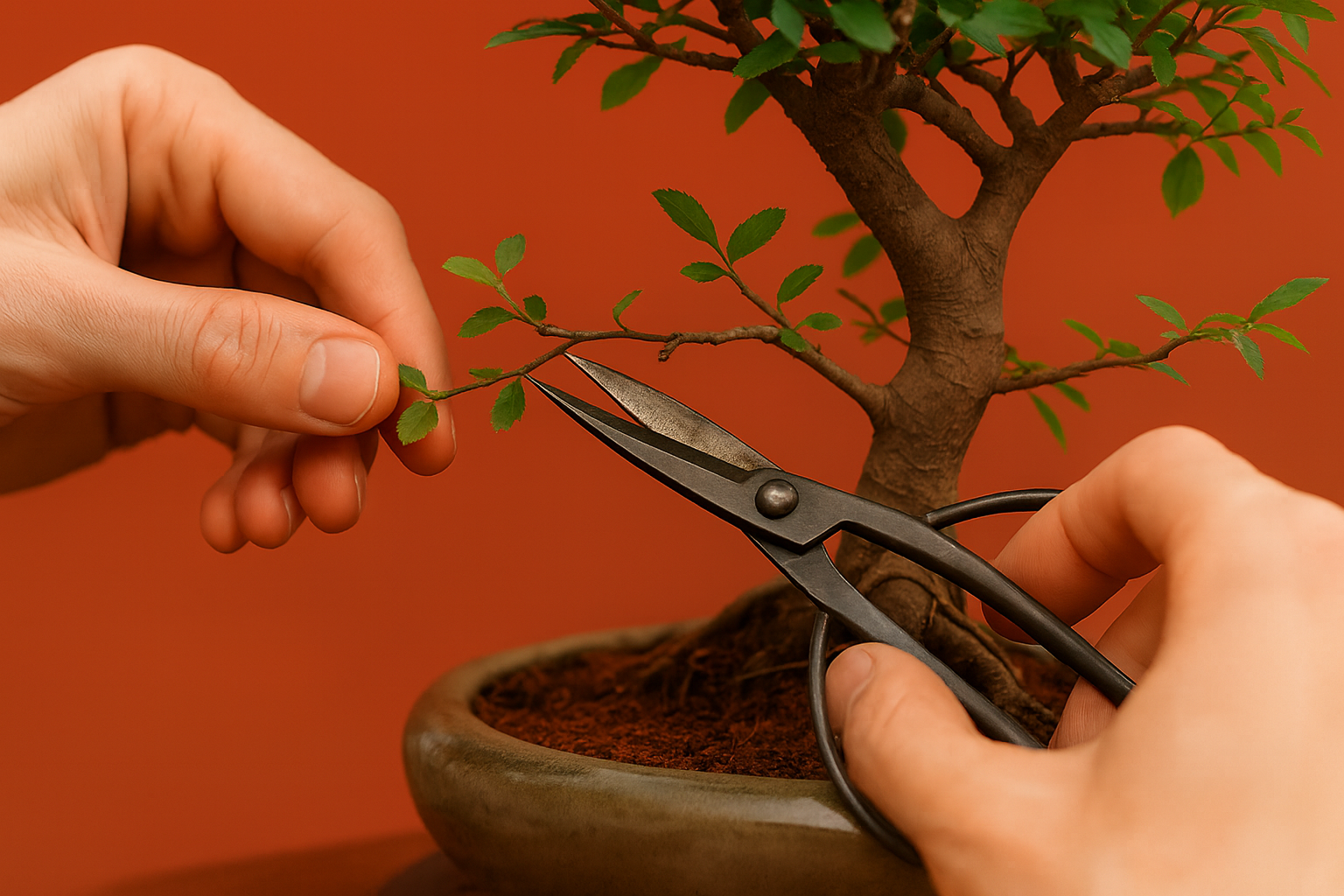 A person trimming the leaves of a bonsai tree with small scissors in a pot against a reddish-brown background.