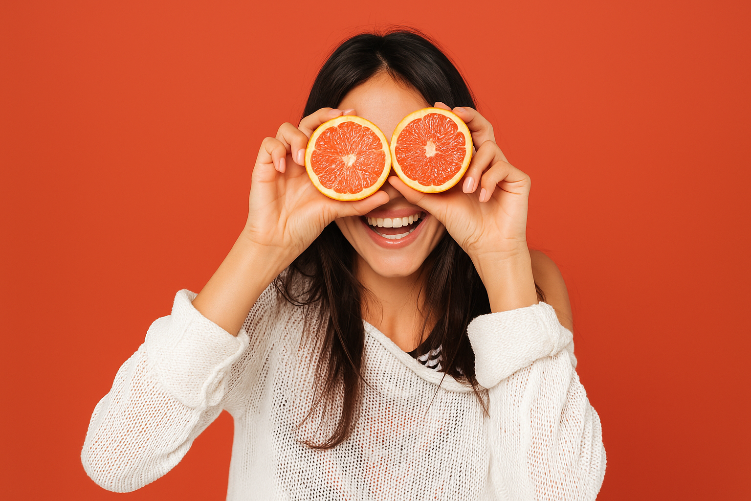 A woman holding two halves of a grapefruit in front of her eyes, smiling against an orange background.