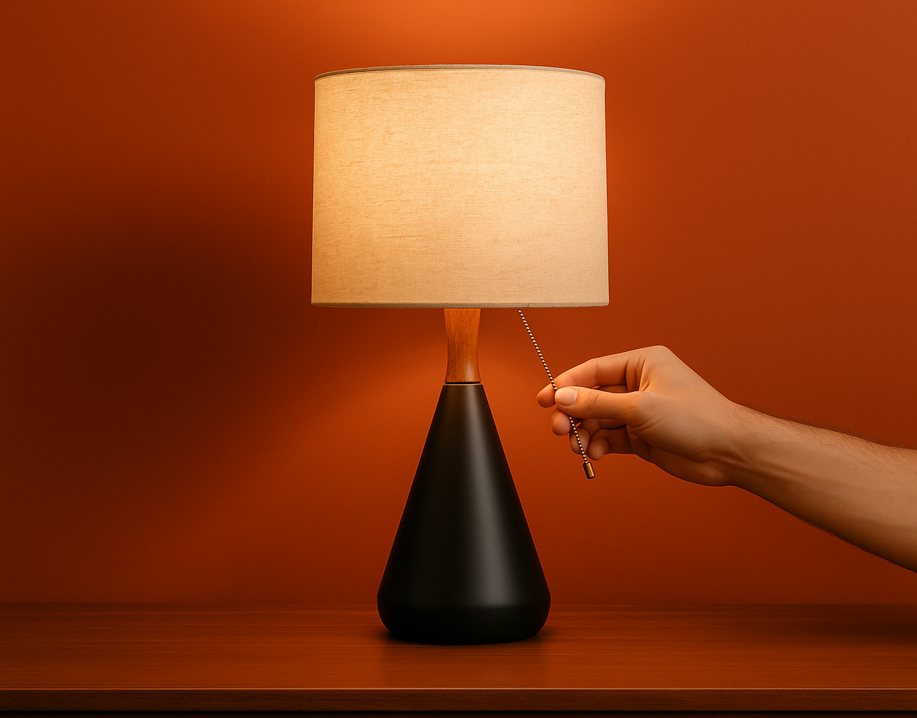 Hand turning off a beige lampshade using a pull chain, standing on a wooden surface against an orange wall.