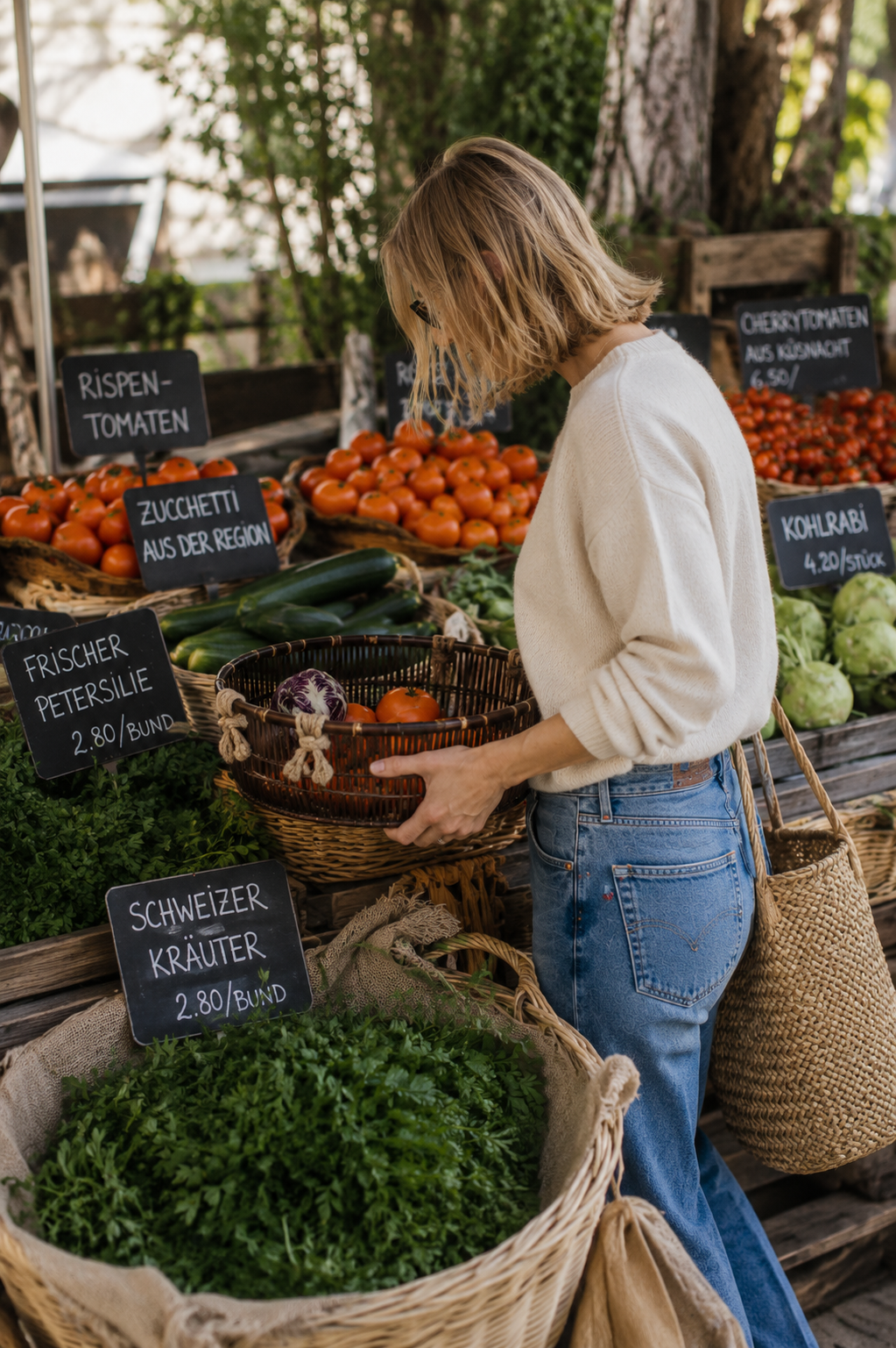Y.AVENA Lifestyle Concierge shopping fresh products at the Bürklimarkt Zürich