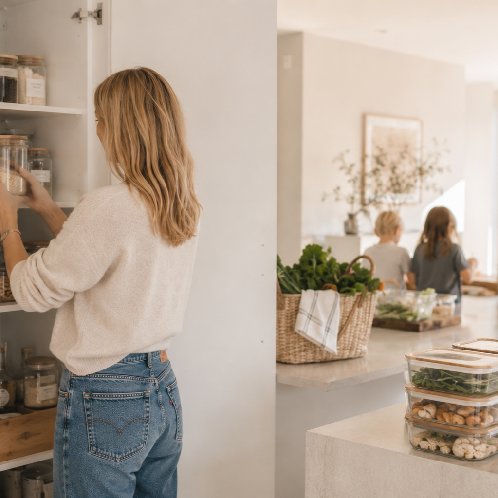 Nutritionist reorganising pantry in your home