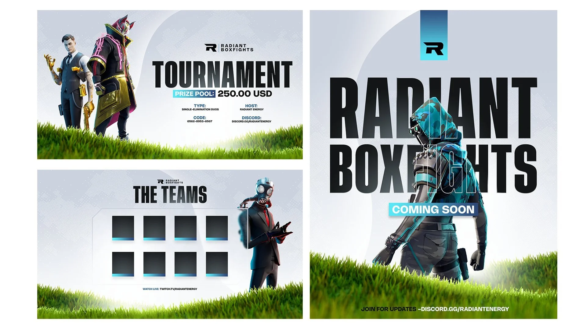 Announcement poster for a Radiant Boxfights tournament in Fortnite, featuring characters in vibrant costumes, prize pool of 250 USD, and details for joining and watching the event on Twitch and Discord.