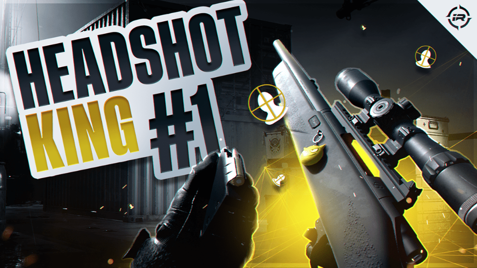 A first-person shooter game scene showing a player aiming a rifle with a scope at a target, with a cityscape background, and the text 'Headshot King #1' in bold letters.