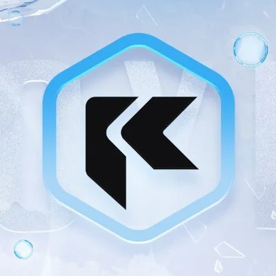 A logo with a black arrow shape inside a blue hexagon, set against a light blue background with abstract geometric elements.