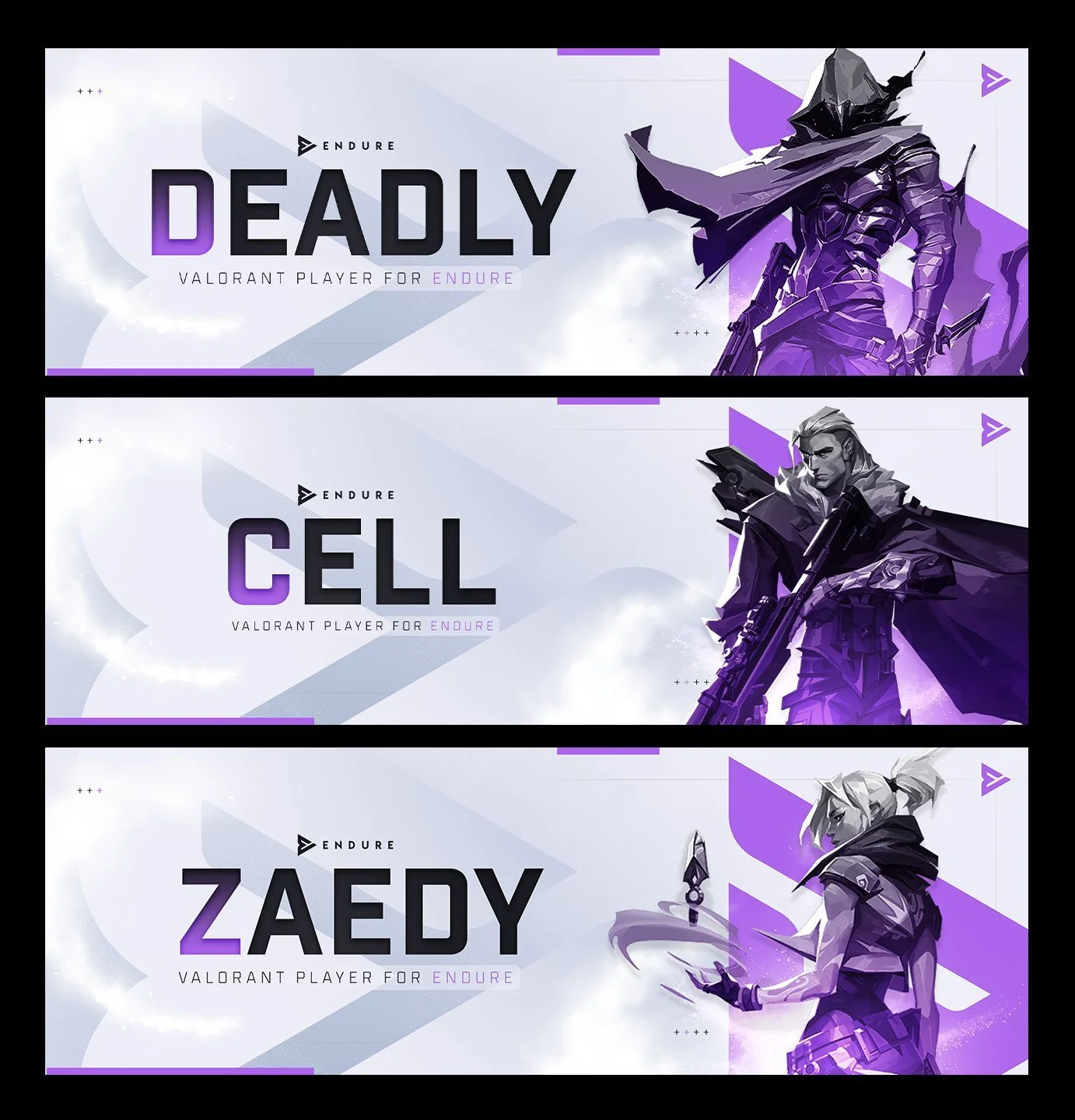 Three promotional banners for Valorant characters in the game Endure, featuring digitally illustrated characters in purple and black tones with their names Zaedy, Cell, and Deadly.