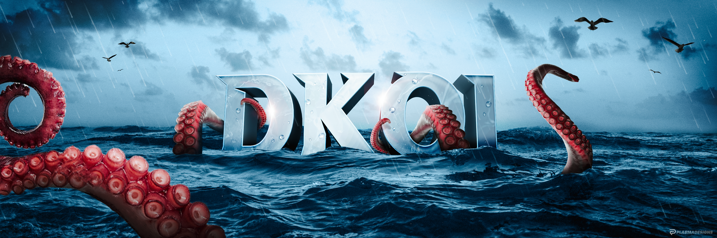 A large ocean scene with stormy clouds and rain, featuring a giant metallic DKI logo partly submerged in the water, surrounded by giant red octopus tentacles and seagulls flying overhead.