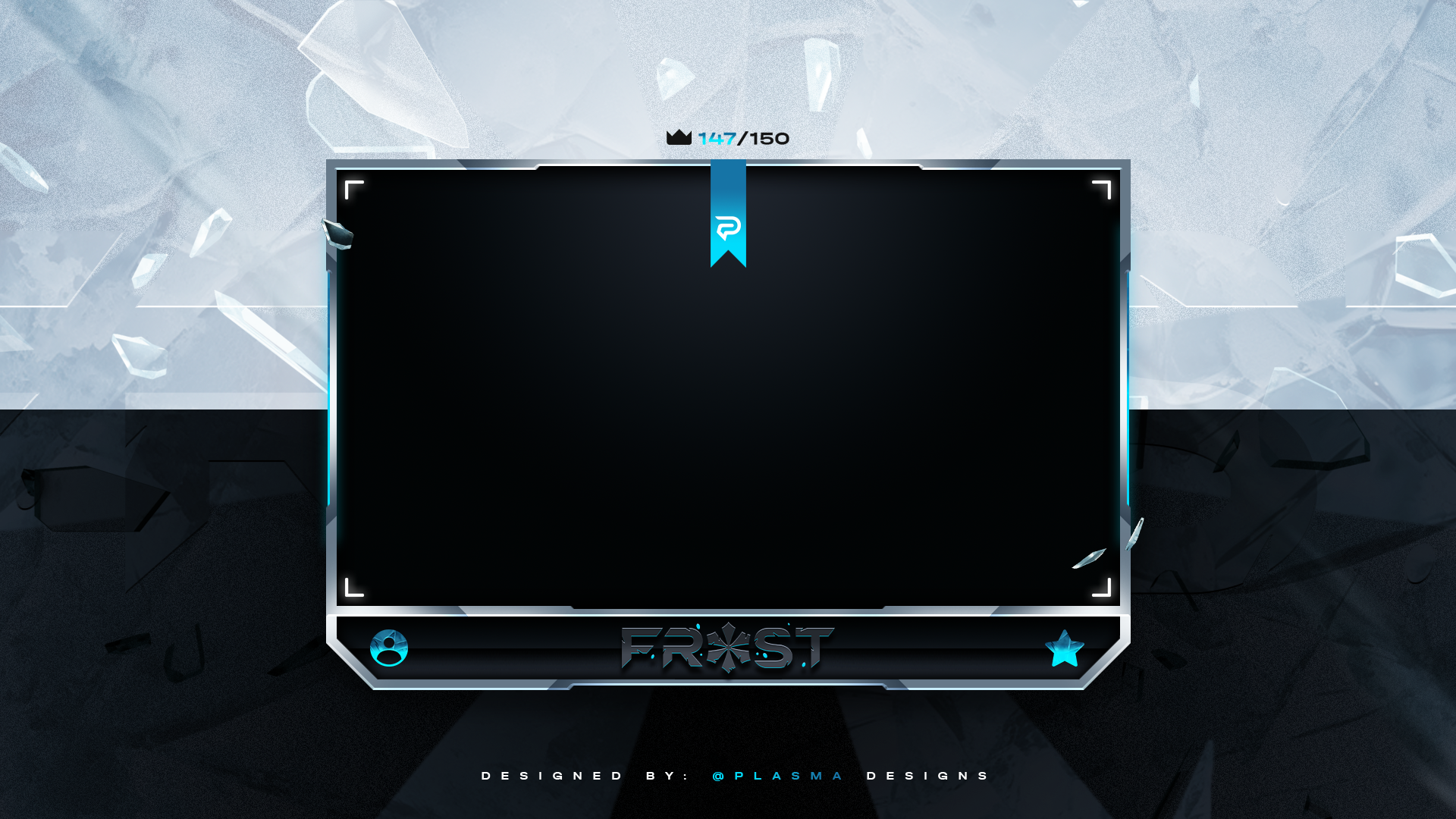 Frost game interface with a black central area, surrounded by icy and shattered glass effects, showing 147 out of 150 points, with icons and labels for user profile and achievements, designed by Plasma Designs.