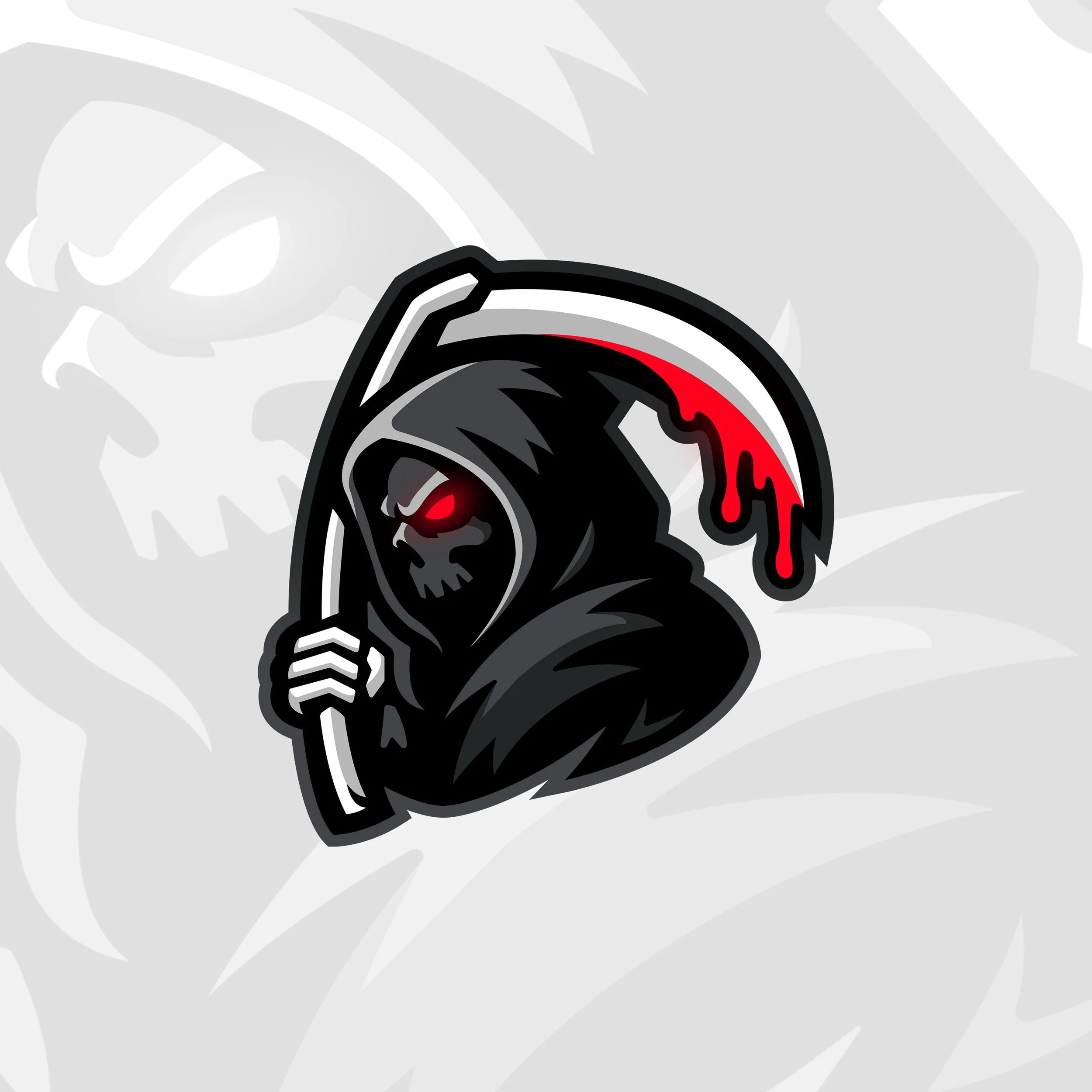 A stylized illustration of a ghostly figure with glowing red eyes, holding a scythe, in a dark, ominous setting.