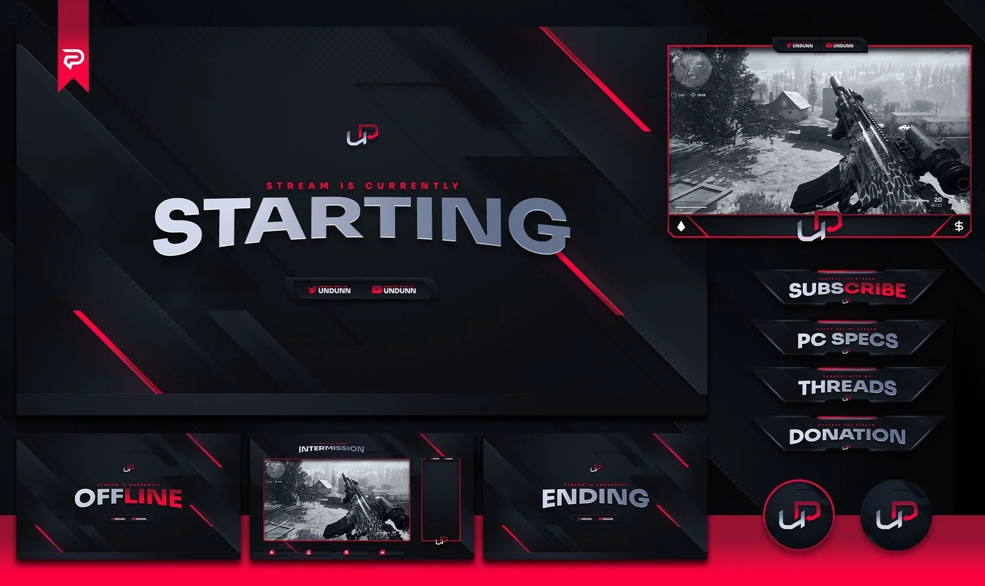 Streaming overlay with a dark background, red accents, and sections for live stream status, gameplay, and social media links. The main large text indicates the stream is starting, with smaller sections for PC specs, threads, donation, and game footag