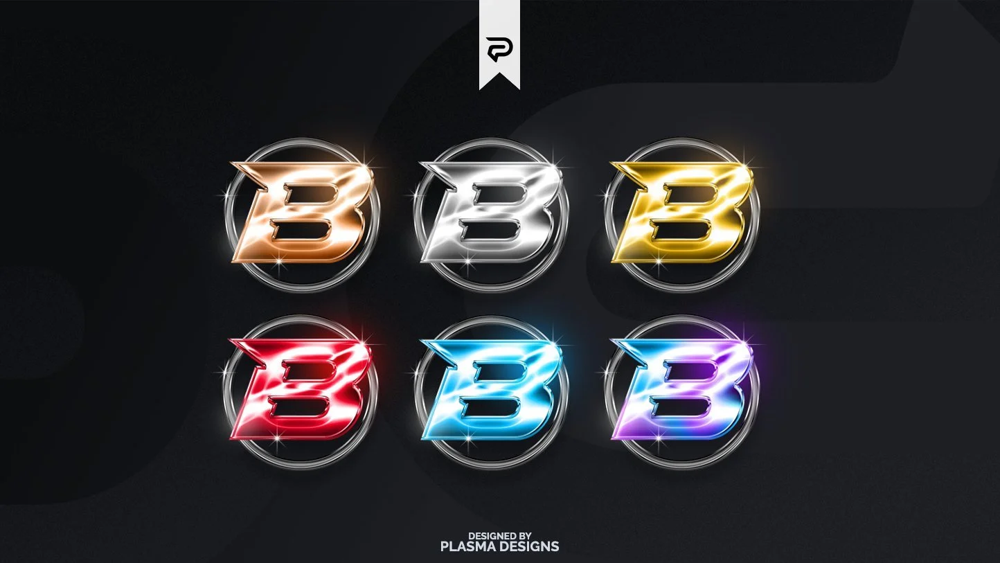 Six metallic B3 logos in different colors (copper, silver, gold, red, blue, purple) arranged in two rows on a dark background, designed by Plasma Designs.