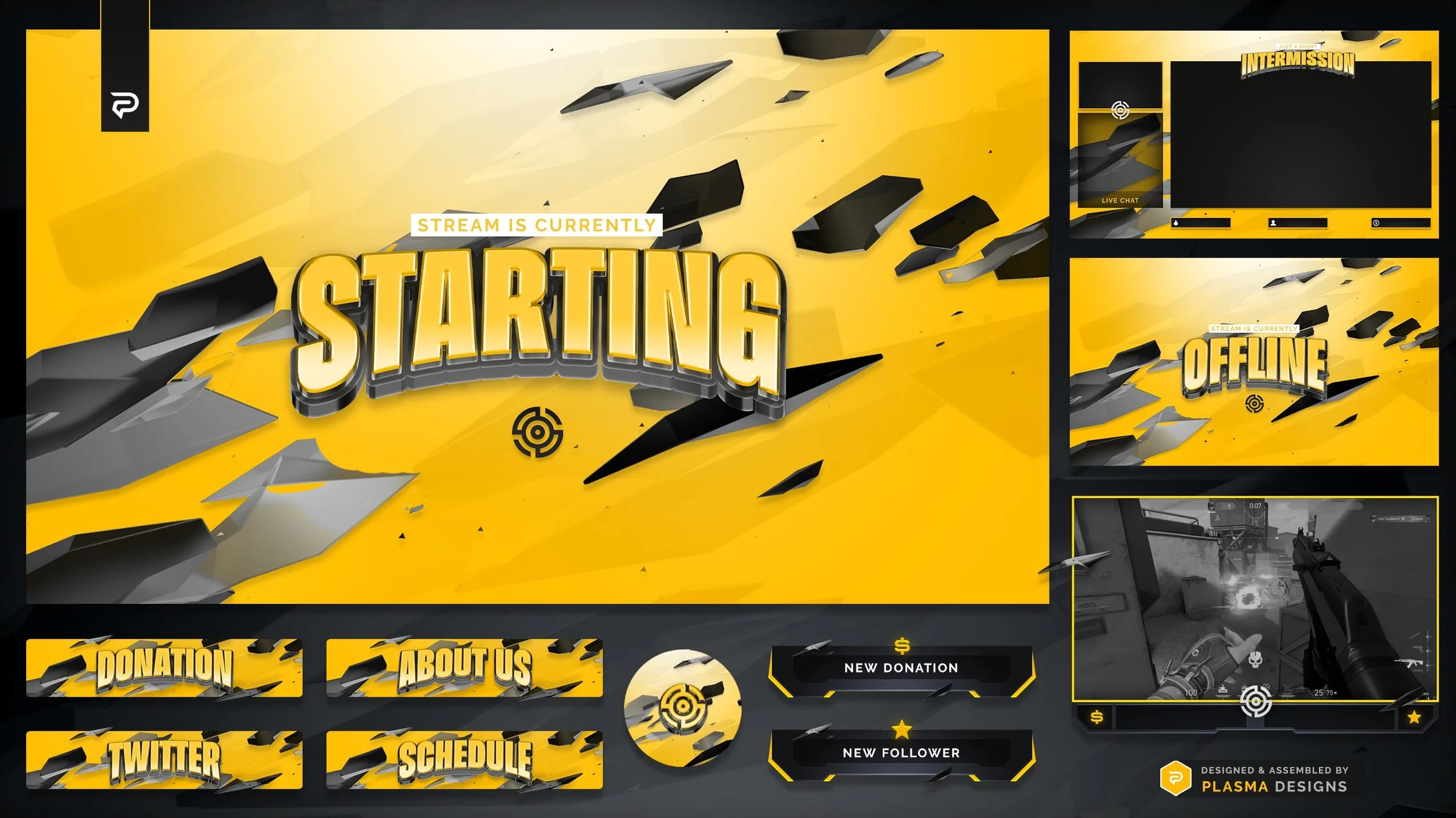 A live stream overlay with a yellow and black color scheme. It features large text in the center that says 'STARTING' with smaller text above that reads 'STREAM IS CURRENTLY' and a small icon of a target below. There are additional panels indicating 