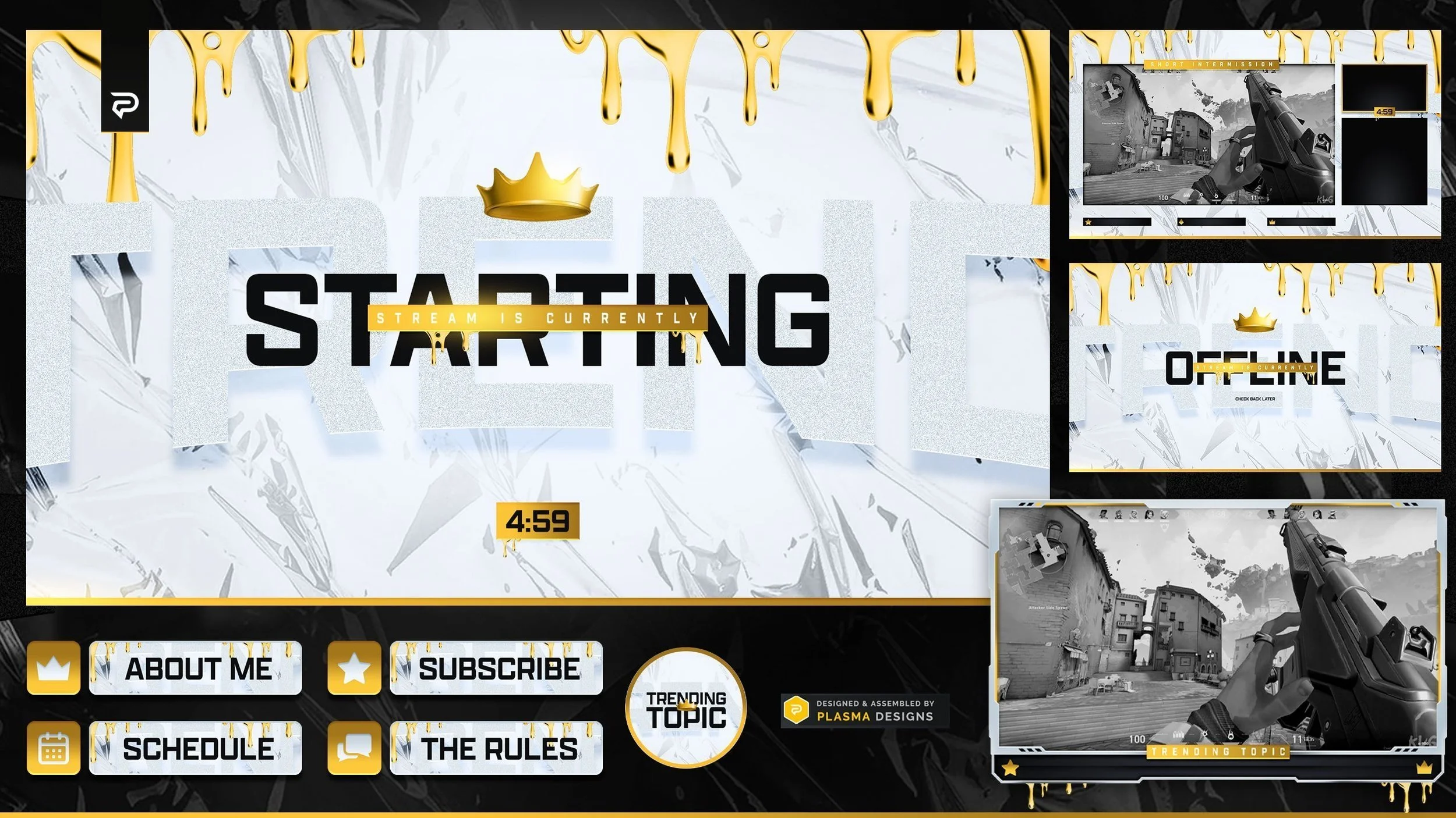 A streaming overlay with a black, white, grey, and gold color scheme featuring a gold crown and dripping gold details. It displays the text 'STARTING' with a message 'STREAM IS CURRENTLY OFFLINE' and has buttons for 'ABOUT ME,' 'SUBSCRIBE,' 'SCHEDULE