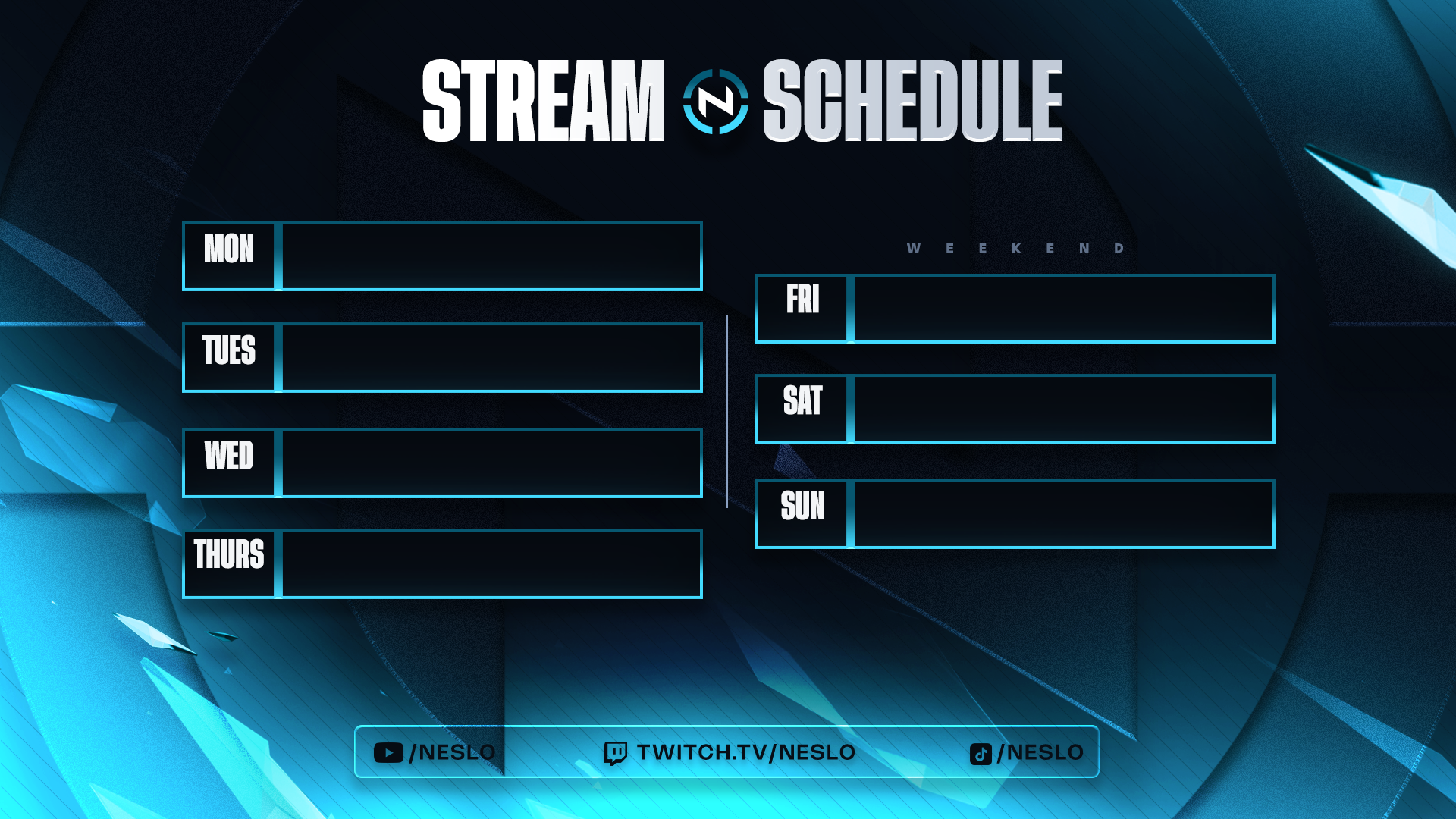 Digital gaming streaming schedule with days of the week listed in a grid, including Monday through Sunday, on a dark blue and black background with geometric and abstract design elements. Social media links are at the bottom for YouTube, Twitch, and 