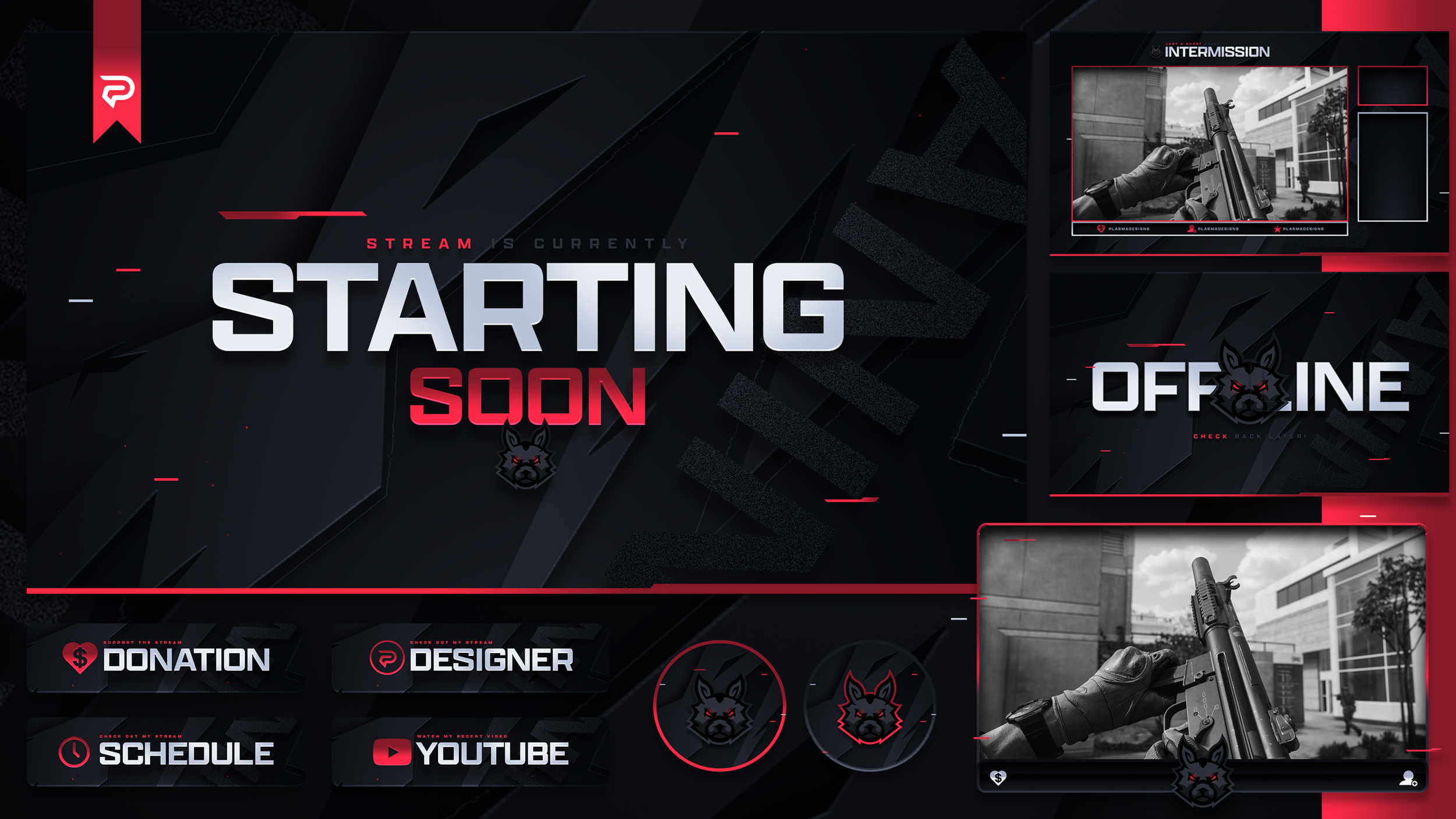 Gaming livestream overlay with a black and red theme, featuring a 'Starting Soon' message, an 'Offline' status, and icons for donation, designer, schedule, and YouTube. Includes a gameplay video feed showing a first-person view of a person holding a 