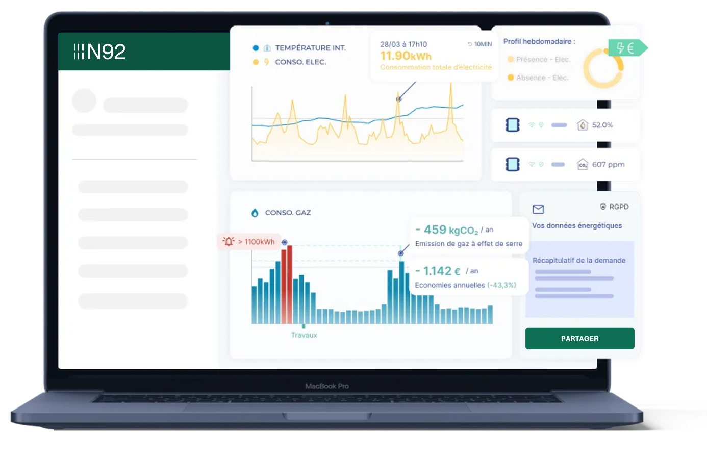 Capture d'écran d'un tableau de bord de gestion énergétique affiché sur un ordinateur portable MacBook Pro, montrant des graphiques, des mesures de consommation, et des données environnementales.