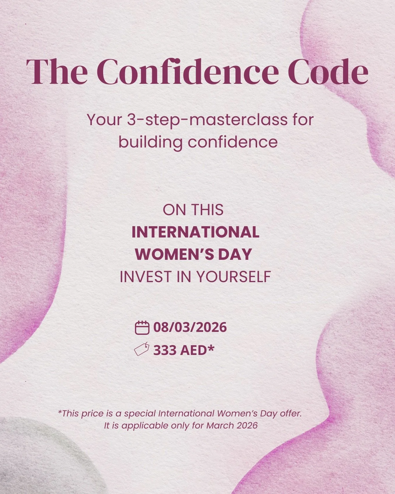 💎 The Confidence Code 💎

A 3-step masterclass to build confidence that you feel on the inside AND that shows on the outside.

What you get:

&bull; 3 short high-impact videos
&bull; 20 minutes each
&bull; 15 minutes input + 5 minutes guided exercis