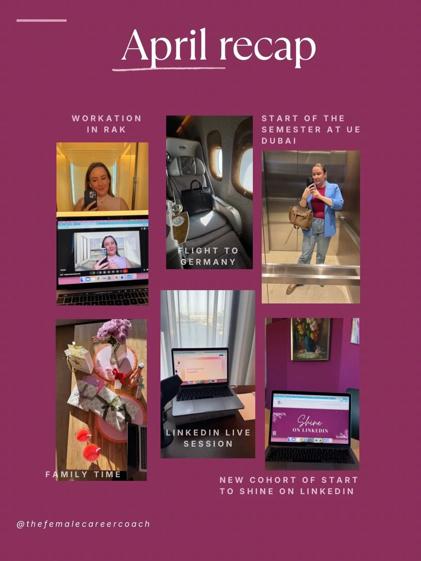 A lovely April came to an end 🥰 workation, seeing clients in person on Germany and Dubai, milestones and just so. much. fun ✨🍭🤸

Thank you for everyone who is part of this journey 💕 Follow @thefemalecareercoach, sign up for the #newsletter and ch