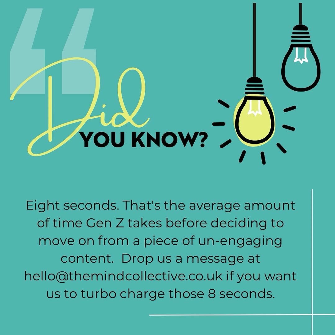 Did you know about the 8 second rule? Being frank, we were surprised it wasn&rsquo;t less! Drop us a line at hello@themindcollective.co.uk and we can help make those the best 8 seconds possible ⏱️
__________
#contentmarketing #contentmarketingtips #c