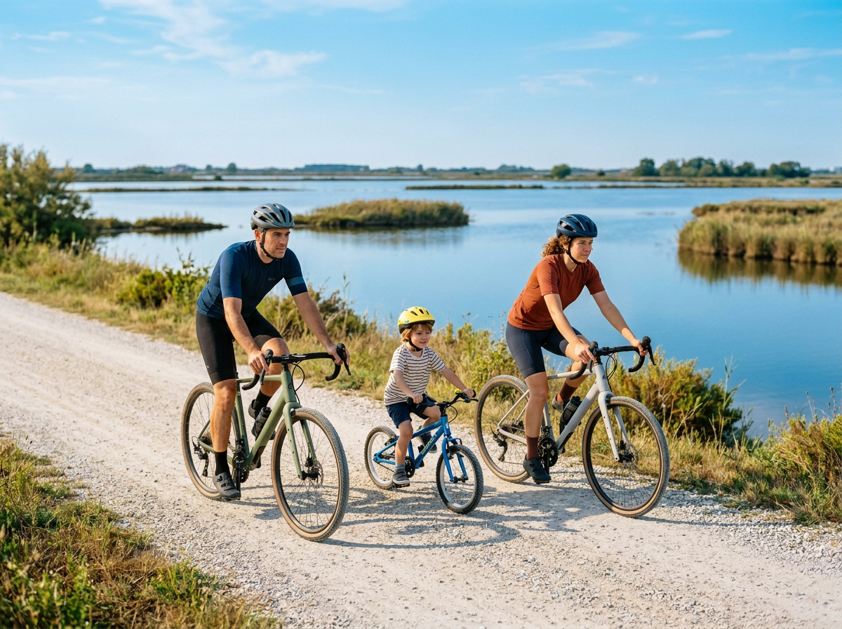 Family of Cyclists along the lagoons of Comacchio