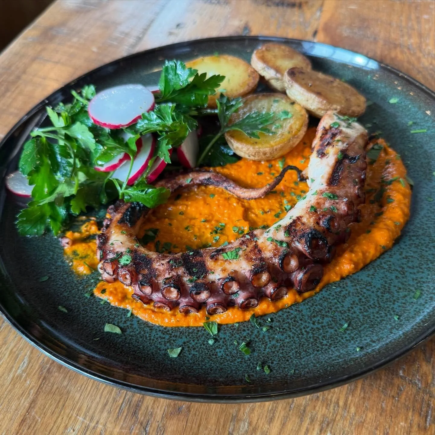 Current obsession: 🐙 Grilled Octopus Romesco, aka @italian_mediterranean_food favorite #special 😊 with Spanish fire-roasted red pepper romesco sauce with almonds, crispy potatoes, bright parsley salad 🌲🇪🇸#happynewyear semolinaspecials