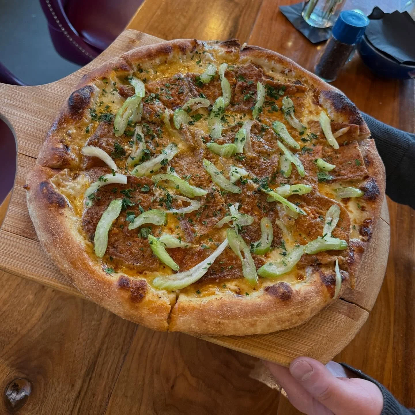 💥🍆 &ldquo;It&rsquo;s here and it&rsquo;s spectacular!&rdquo; 📣✨ Buffalo Eggplant Pizza&hellip; with our handmade eggplant cutlets, hand tossed to order in our own buffalo sauce, house dressing with REAL blue cheese, crunchy celery. 

We will be se