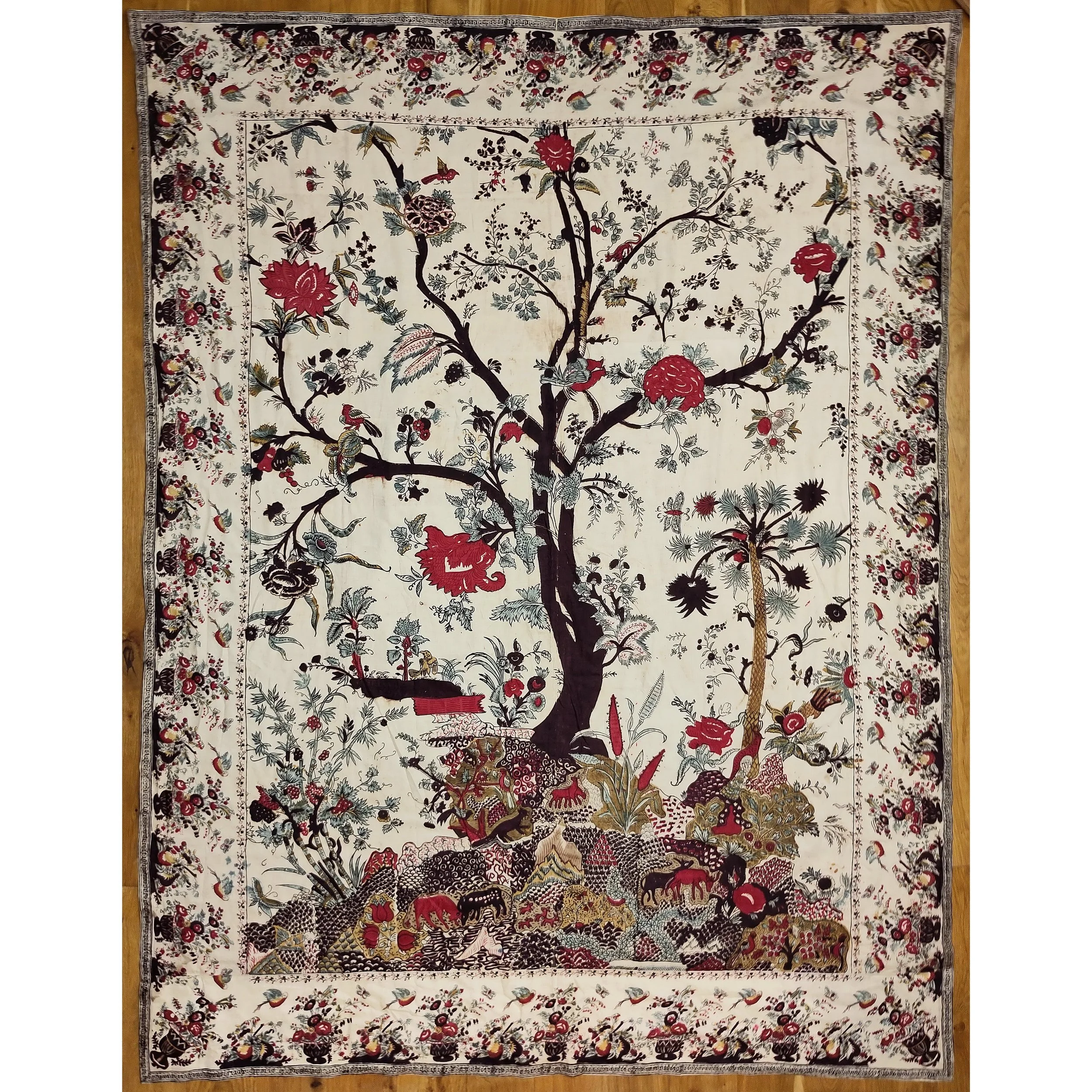 antique textiles mezzaro 19th century textile Italian textile block printed cotton tree of life printed textile antique butterflies squirrels birds flowers fruit carnations palampore interior design Textile Antiques Joseph Sullivan