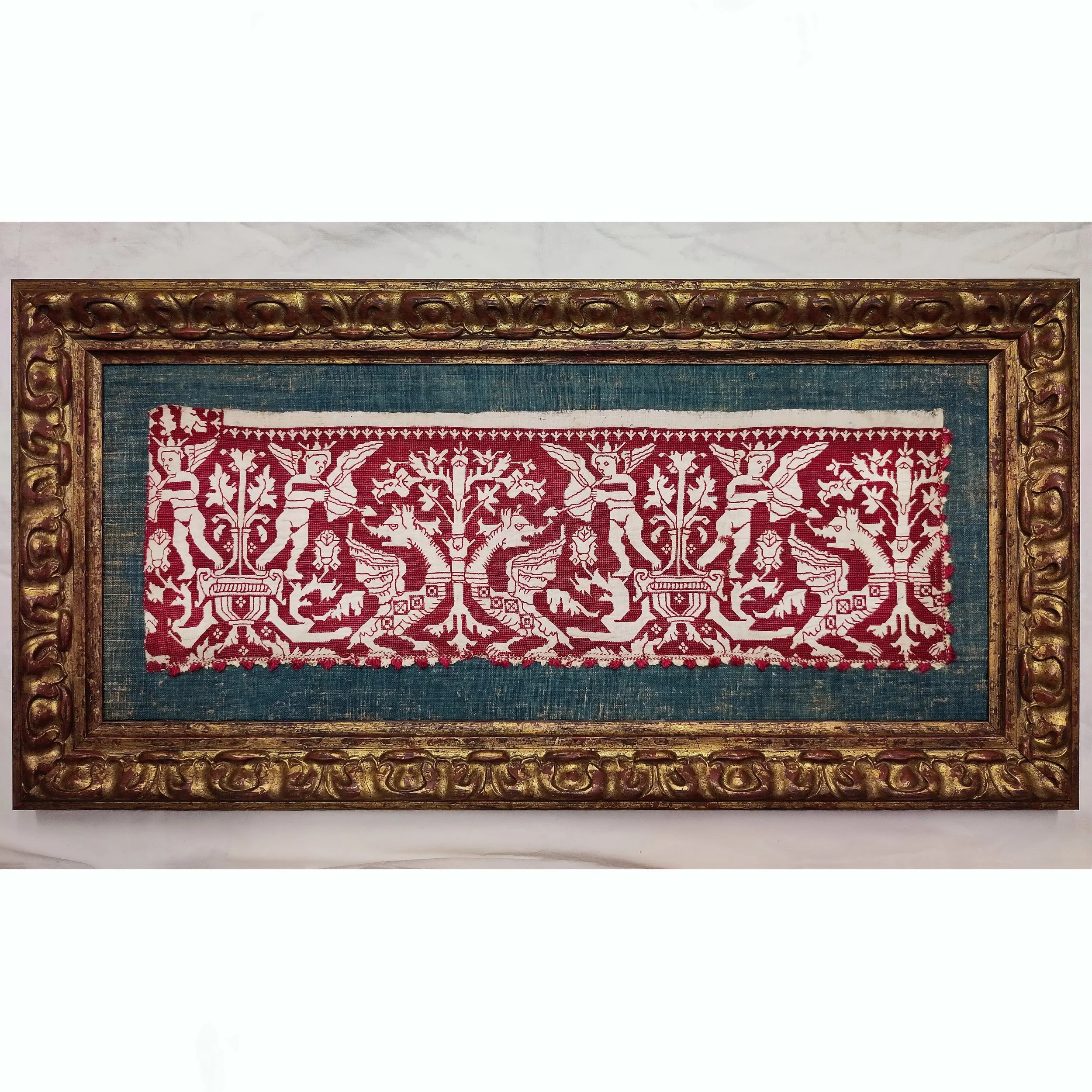 antique textiles interior design 17th century embroidery 17th century antique embroidery Italian textiles 17th century textiles Italian embroidery drawnwork silk linen red cupid dragon lace trees tapisserie Textile Antiques Joseph Sullivan