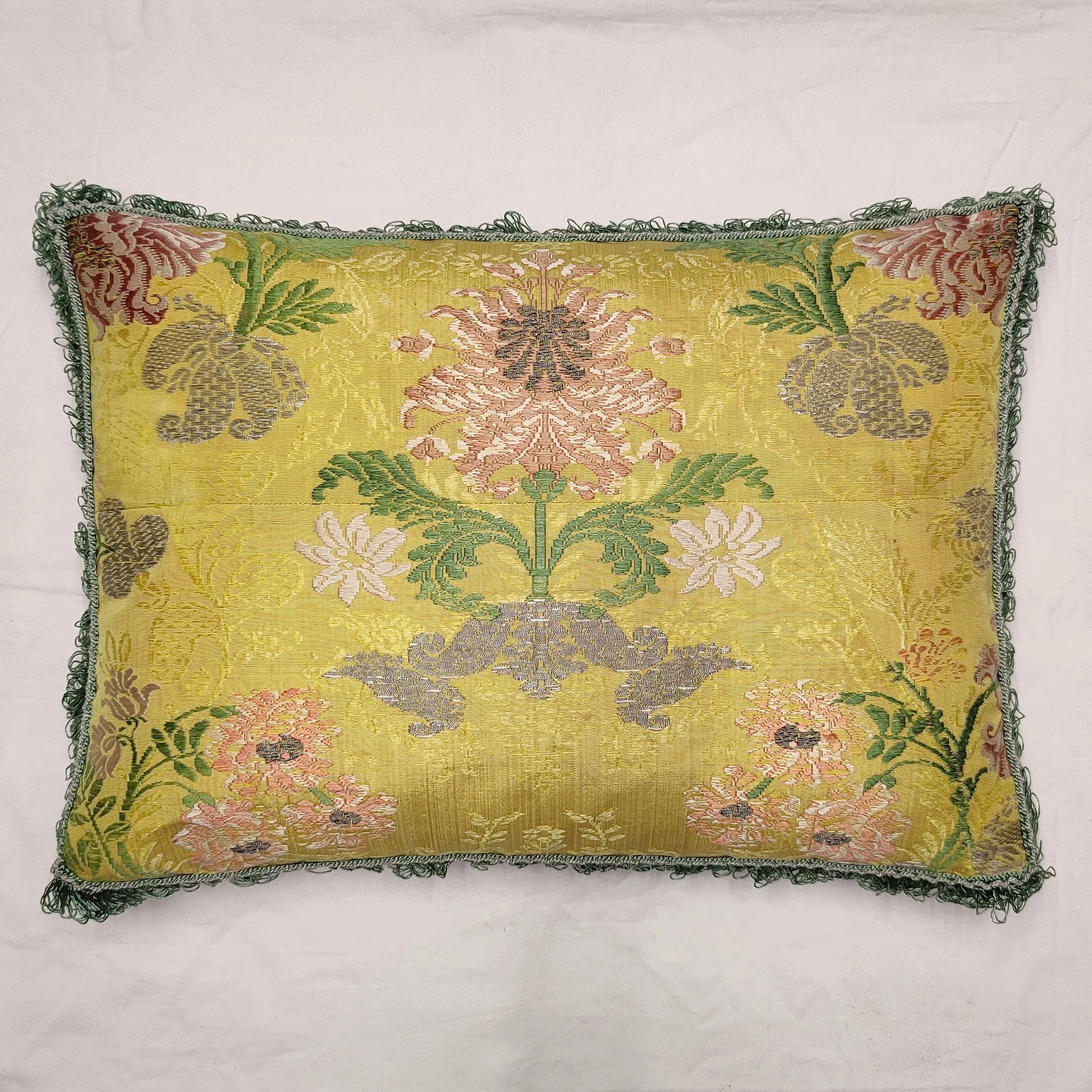 antique textiles silk brocade damask 18th century silk cushion 18th century textiles French silk woven textile flowers interior design Textile Antiques Joseph Sullivan