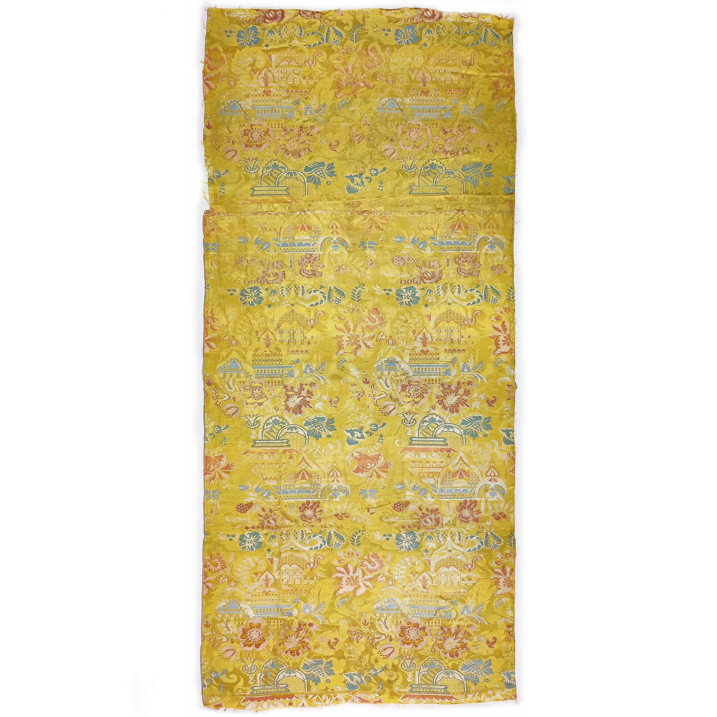 antique textiles Bizarre silk Spitalfields silk silk 18th century fashion 18th century silk 18th century textiles English silk woven textile lampas James Leman Baudouin flowers pagodas chinoiserie brocade interior design Textile Antiques Joseph Sulli