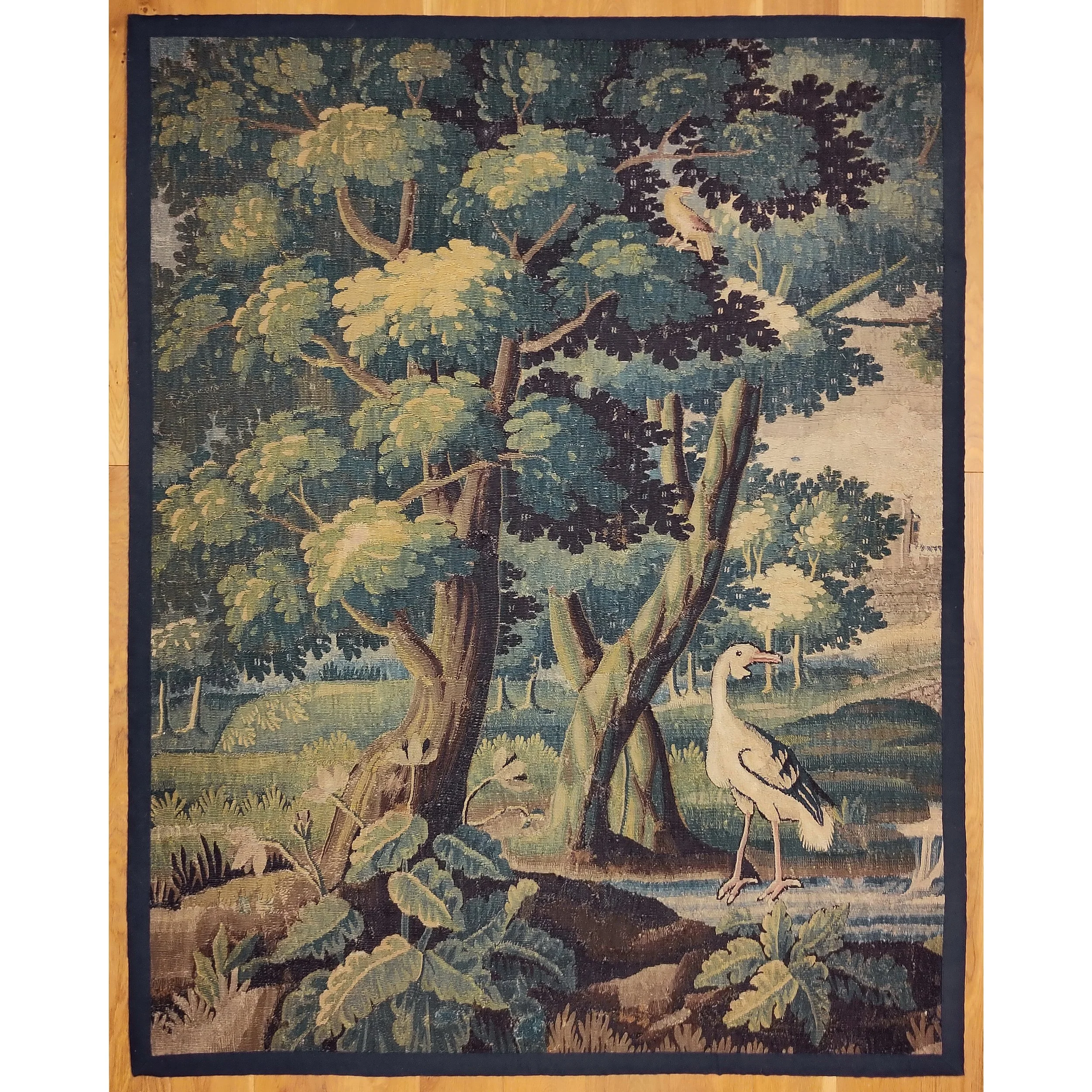 Tapestry Aubusson verdure circa 1700 cranes pair A 1.jpg