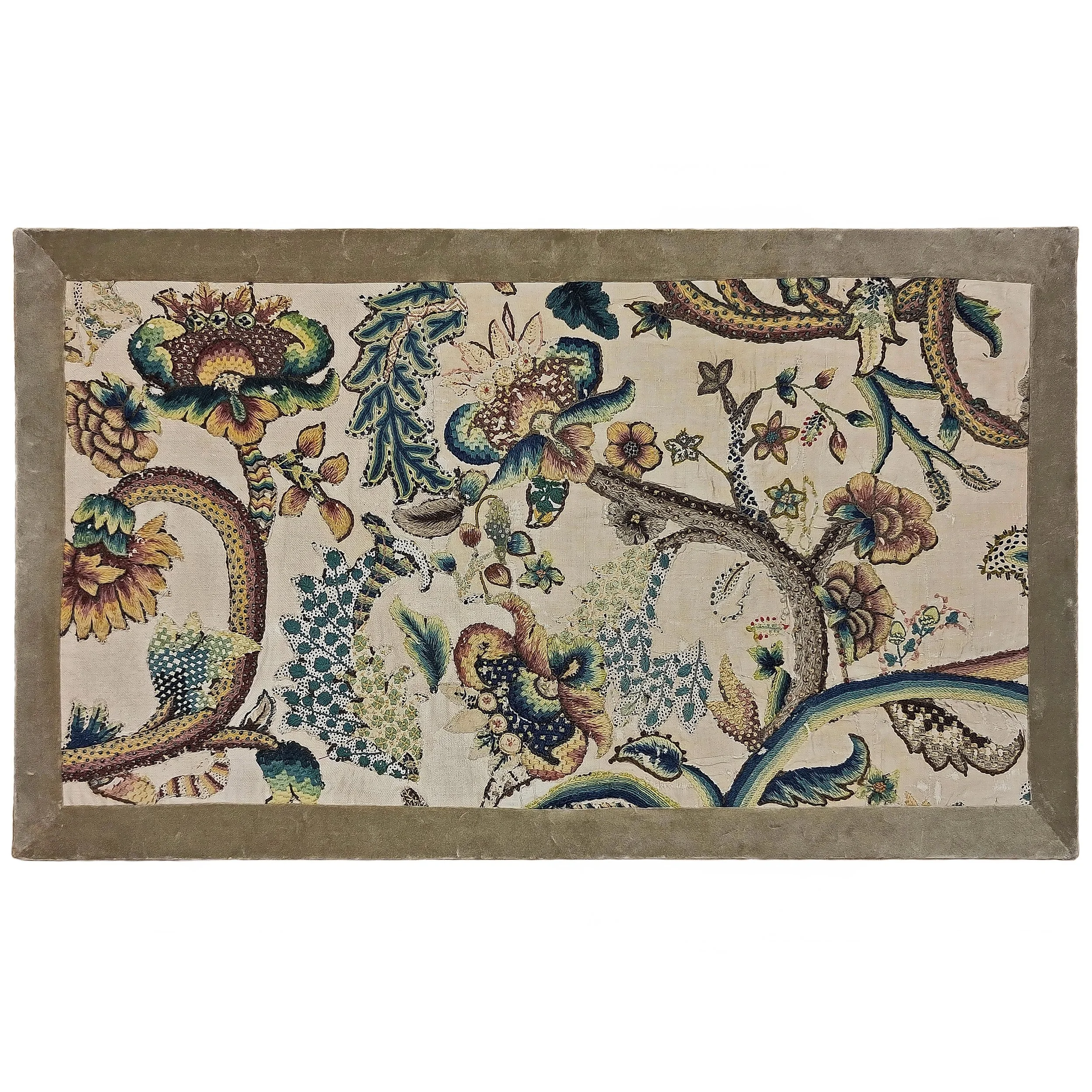 antique textiles crewelwork embroidery needlework 17th century 17th century antiques crewel 17th century textiles wool flowers English textile pomegranates interior design Textile Antiques Joseph Sullivan