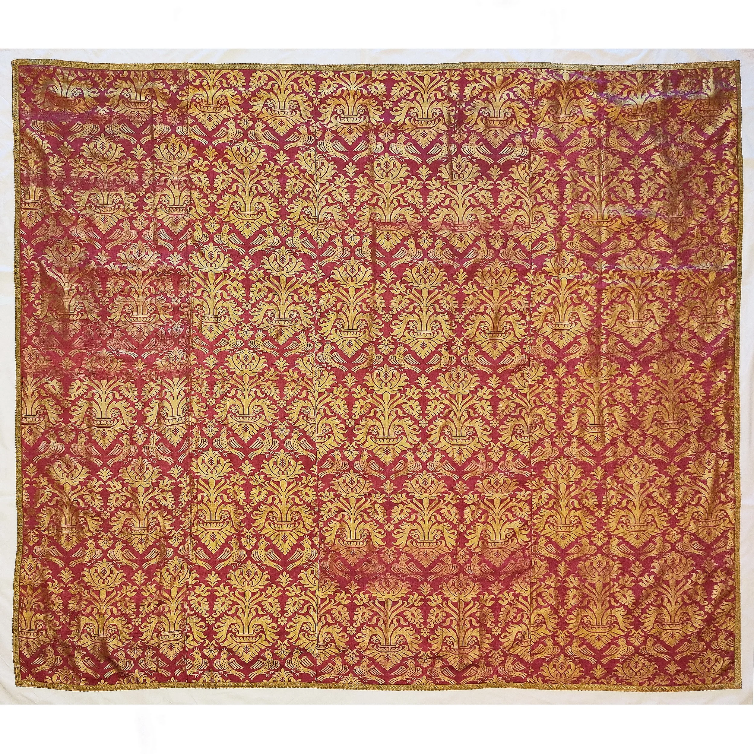 antique textiles silk lampas 16th century silk 17th century silk 16th century textiles Italian silk Spanish silk woven textile red birds flowers interior design Textile Antiques Joseph Sullivan
