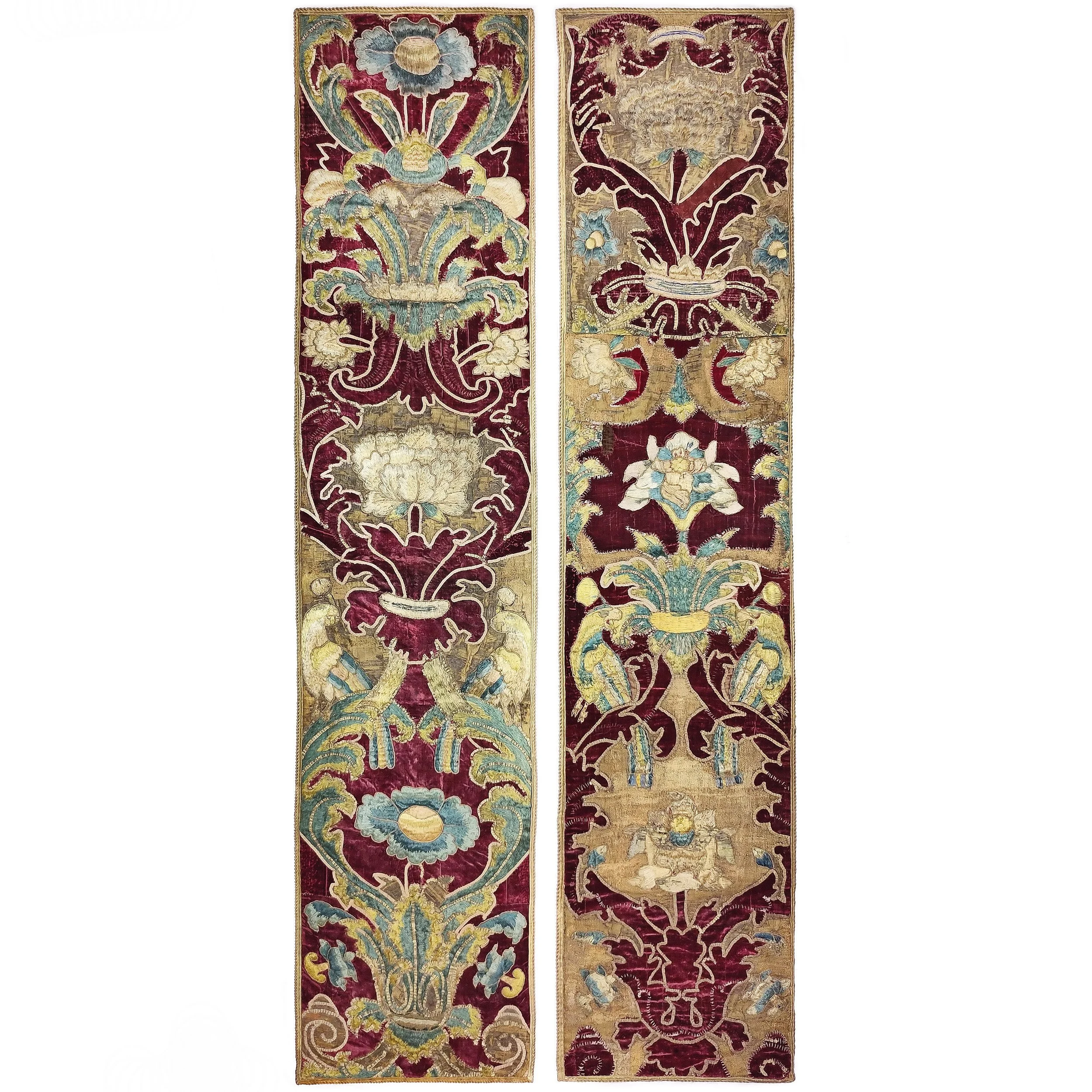 antique textiles applique velvet cloth of gold 17th century textiles antique embroidery broderie embroidery burgundy 17th century pilaster hangings Portuguese taillure flowers parrots leaves metal thread floss silk interior design Textile Antiques Jo