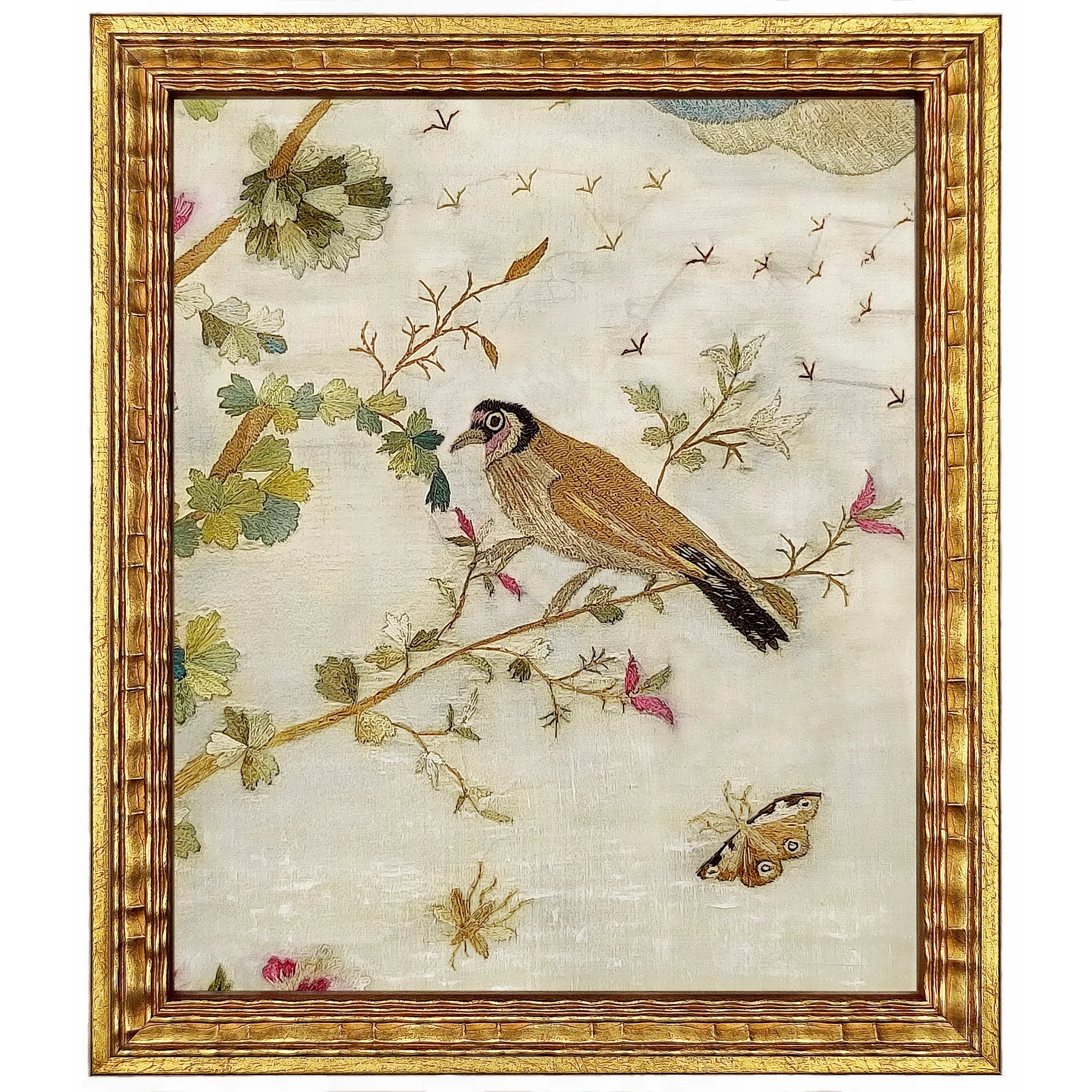 antique textiles embroidery needlework 18th century English needlework goldfinch butterfly silk birds tree fly antique needlework tapisserie 18th century embroidery interior design Textile Antiques Joseph Sullivan