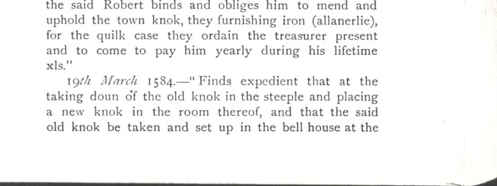 This is an extract talk about fitting a new clock in 1584- knok being clock. This misreading may come up in the episode…