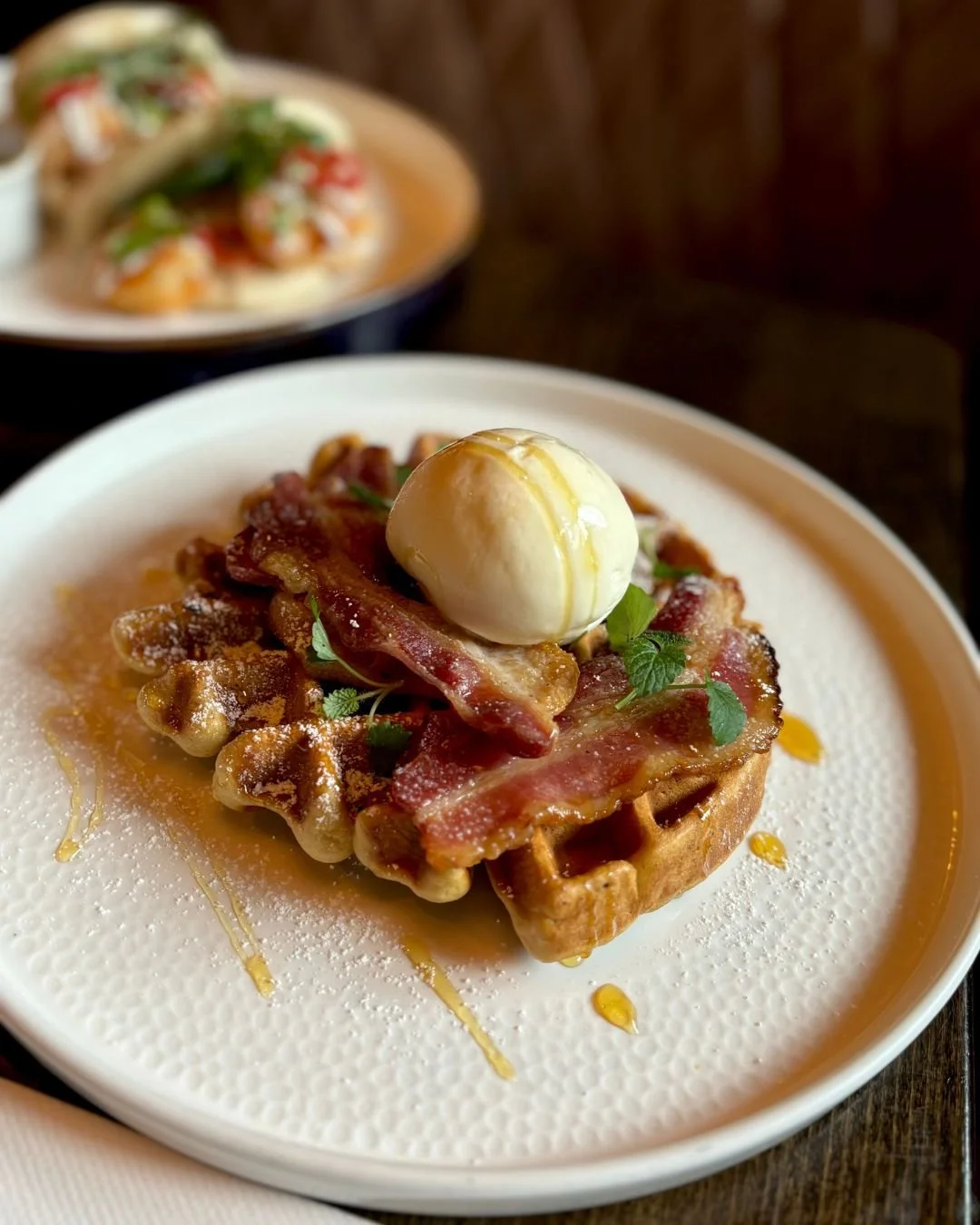 Homemade maple waffle Crispy streaky bacon, maple syrup, vanilla ice cream