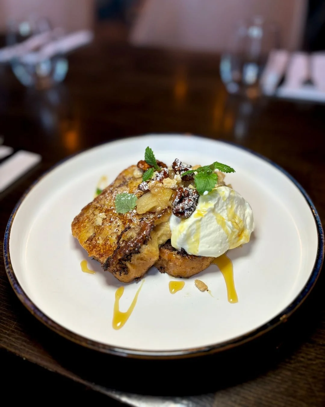 Apple crumble brioche french toast Cinnamon scented apple compôte, caramelized walnut crumble, greek yoghurt