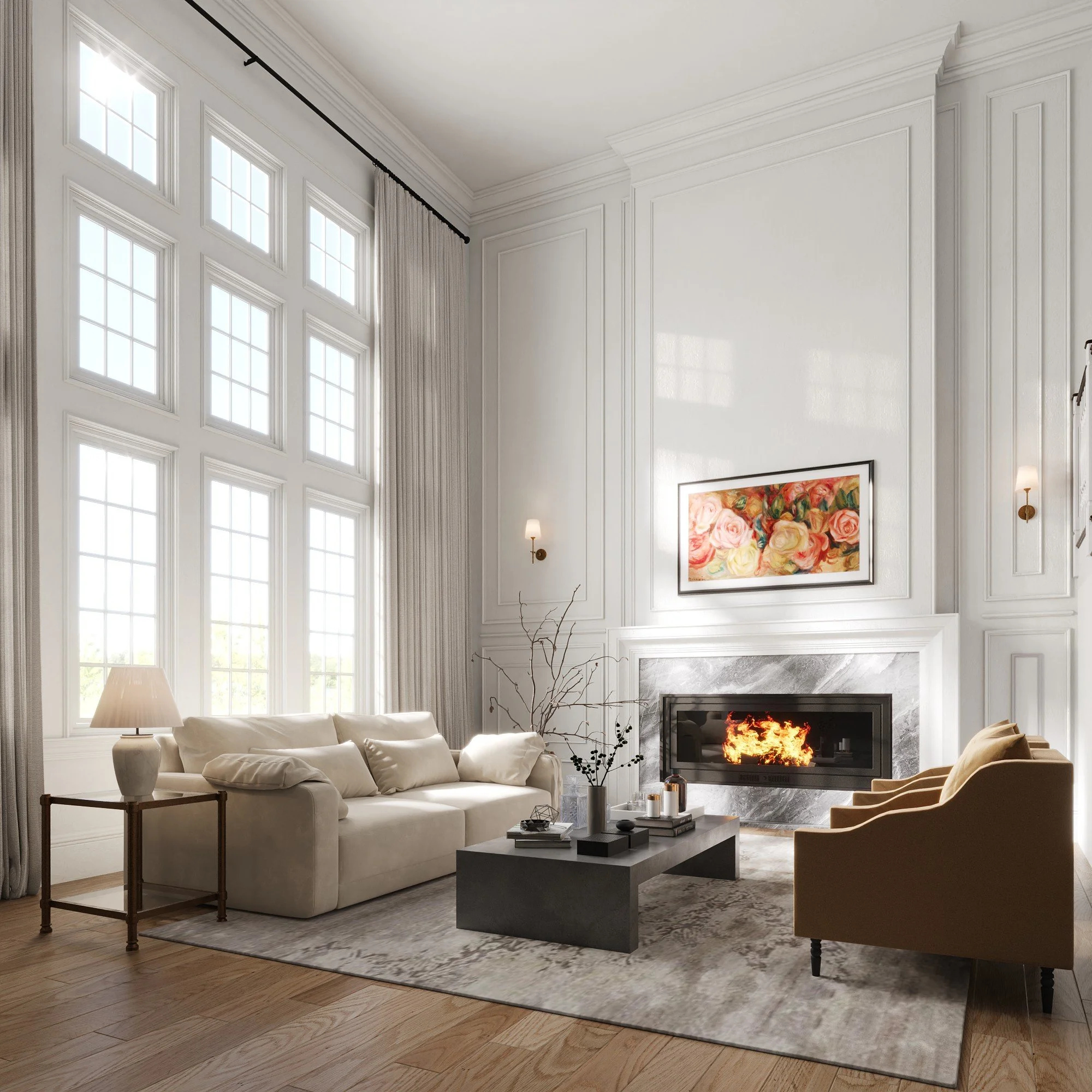 Living room rendering for a home in Wellesley MA