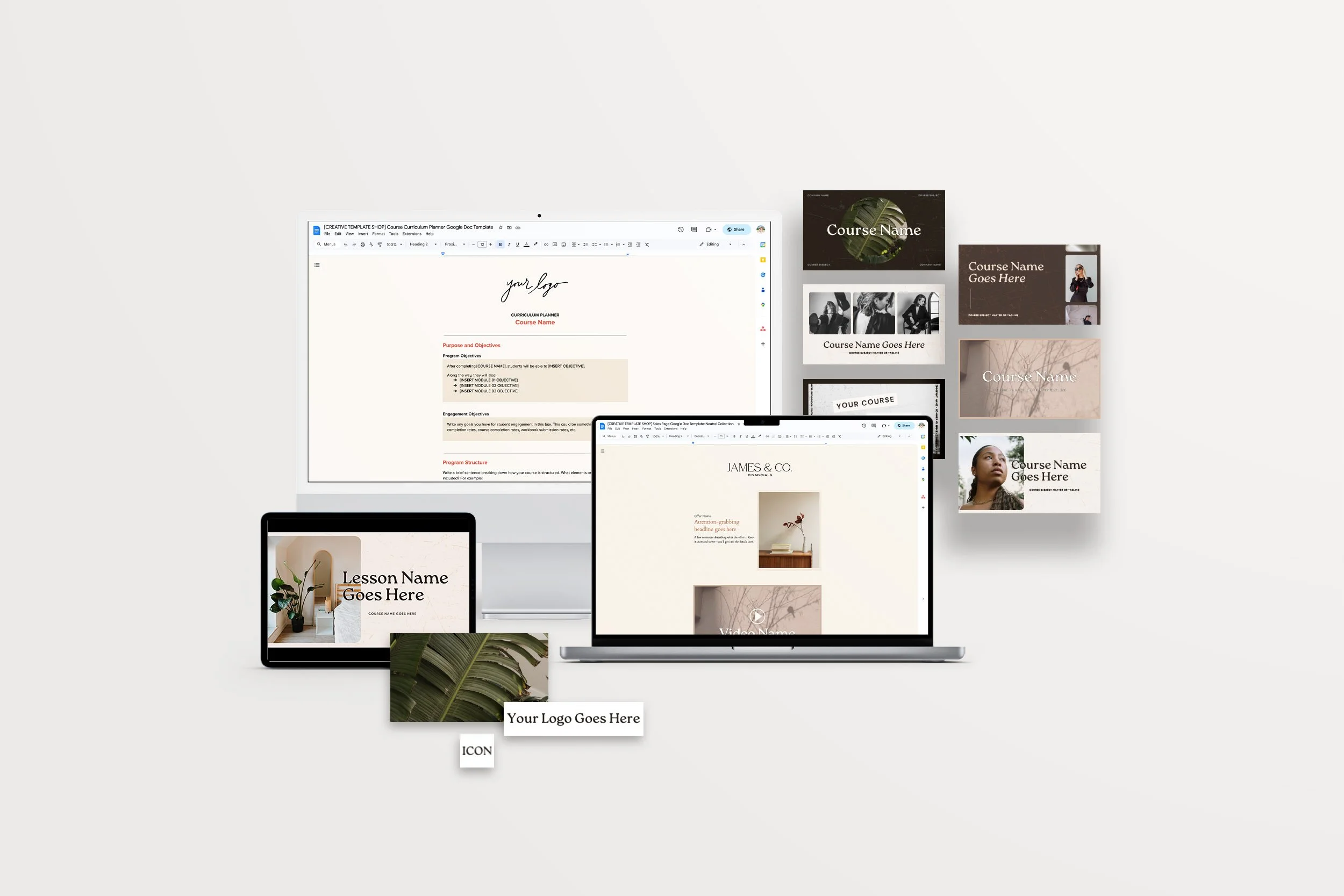 Laptop, desktop, and tablet screens with templates shown
