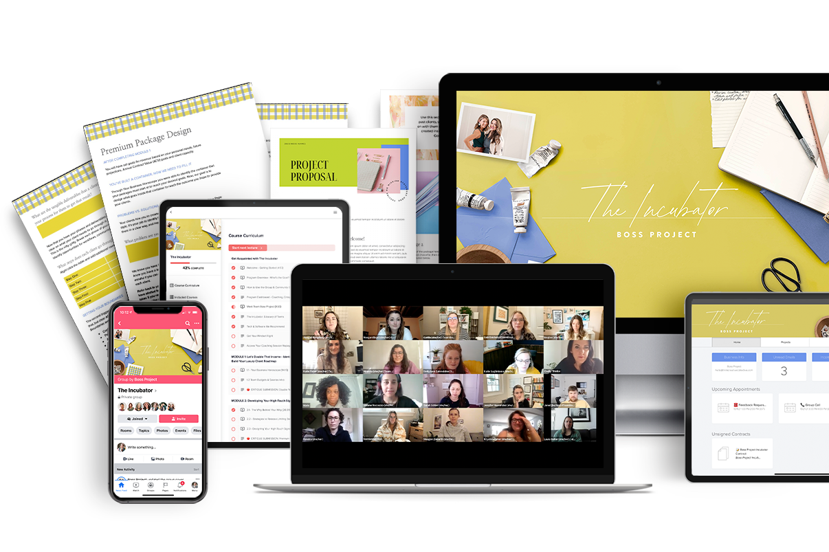 Laptop zoom call, Teachable course, phone with Facebook community, desktop computer, PDF worksheets