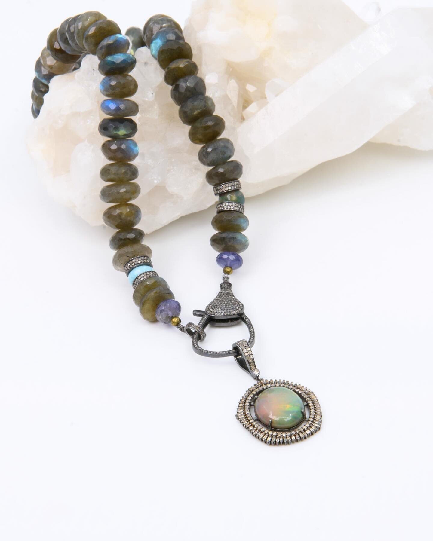 Labradorite opal iolite necklace with beautiful diamond clasp and opal pendant  #finejewelry #healing #jewelry #infused #intention