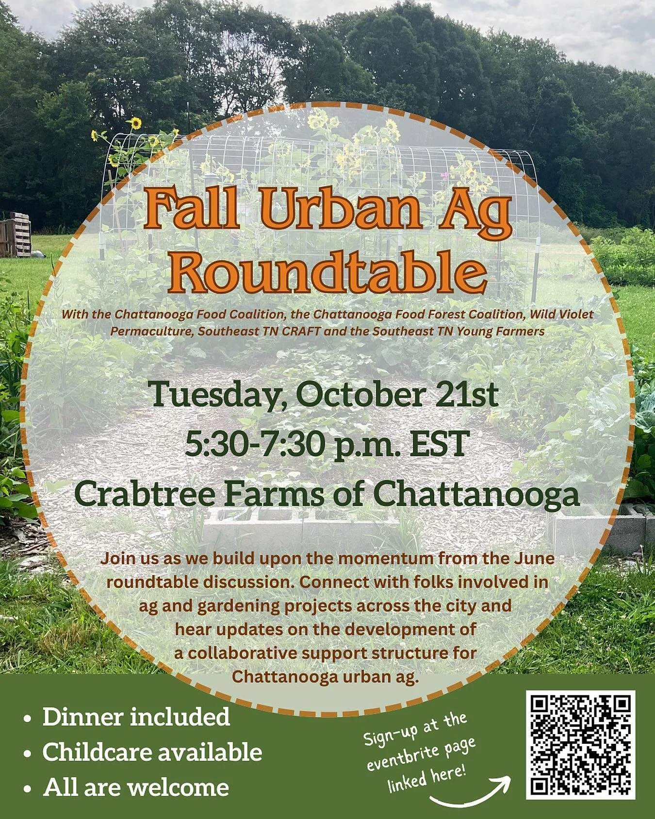 Join the Chattanooga Food Coalition, the Chattanooga Food Forest Coalition, Wild Violet Permaculture, Southeast TN CRAFT and the Southeast TN Young Farmers as we build upon the momentum from the June roundtable discussion. Connect with folks involved