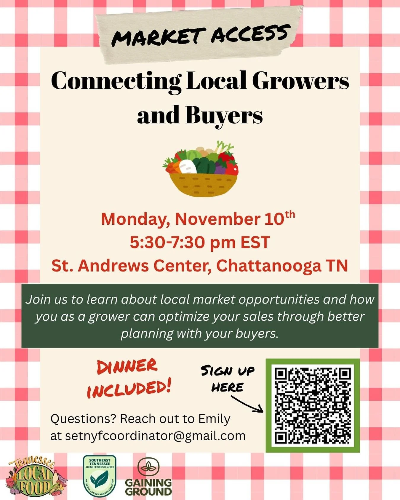 NEW EVENT DROPPED ‼️‼️‼️

Join us to learn about local market opportunities and how you as a grower can optimize your sales through better planning with your buyers. Holly Martin and Callie Bennett of Gaining Ground will share&nbsp;about how the groc