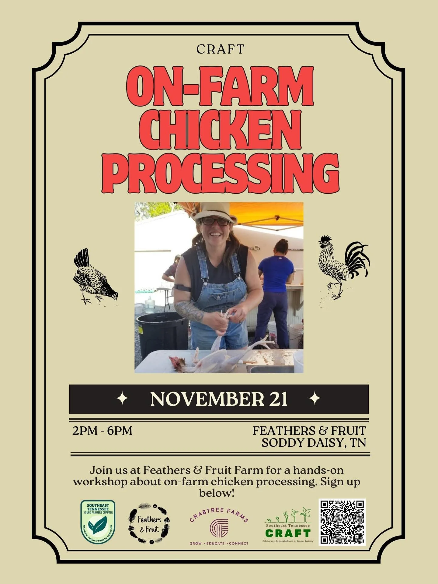 We&rsquo;ve got another great event planned for November! Join us at Feathers &amp; Fruit on November 21 to learn about on-farm chicken processing! You&rsquo;ll learn how to harvest a live chicken and then take it home right off of the farm. Wear clo