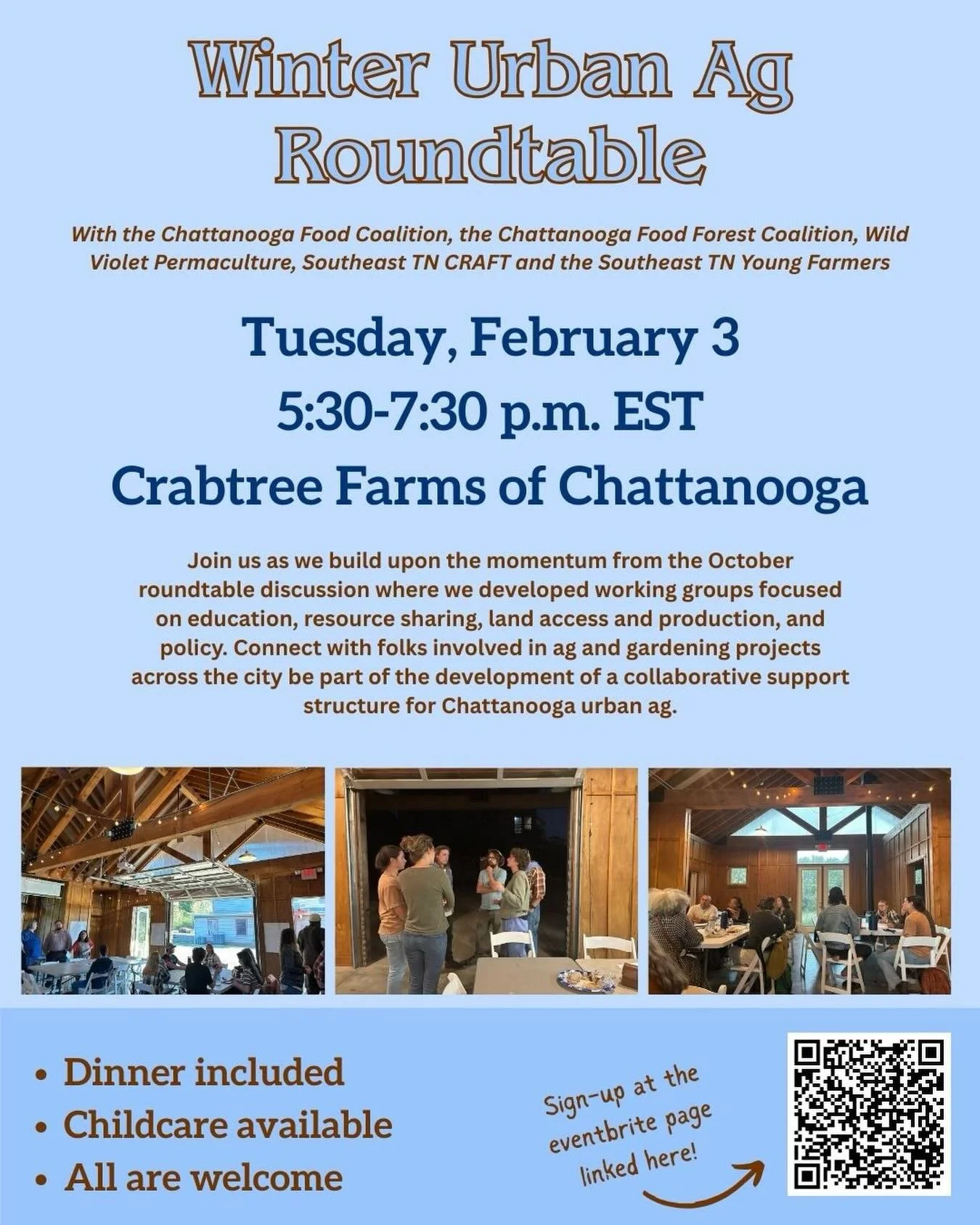 WINTER URBAN AG ROUNDTABLE 

With the Chattanooga Food Forest Coalition, Chattanooga Food Coalition, Crabtree Farms, Wild Violet Permaculture, Southeast TN Young Farmers, Southeast TN CRAFT and other partners! 

Join us as we build upon the momentum 