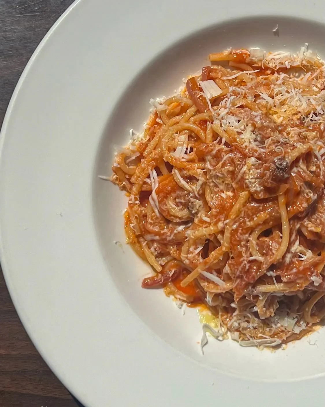 Our most popular pasta is back and ready for lunch and dinner service today. 

Spaghetti all&rsquo;Amatriciana is a classic from the Lazio region. We start by cooking guanciale in a pan with onions. We then add tomatoes to build the amatriciana sauce