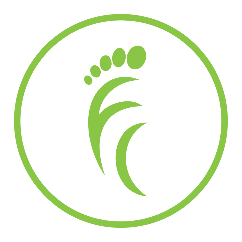 Green circular logo featuring a stylized footprint with five toes and curved lines inside the circle